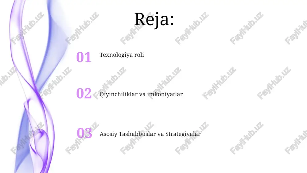 yetishmasligi asosiy muammolardir. xalqaro hamkorlik ta'lim rivojlanishi uchun moliyaviy yordam va texnik ko'mak ko'rsatish. qobiliyatni rivojlantirish va o'qituvchilarni tayyorlash dasturlarini qo'llab-quvvatlash. siyosat va boshqaruv rivojlanayotgan mamlakatlar ta'lim tizimlari ko'pincha cheklangan resurslar, tengsiz kirish imkoniyatlari va o'qituvchilarni yetarli tayyorlash kabi qiyinchiliklarga duch keladi. ta'lim sifatini yaxshilash, tenglikni ta'minlash va milliy rivojlanish maqsadlariga erishish uchun samarali siyosat va boshqaruv muhim ahamiyatga ega. texnologiya integratsiyasi o'qituvchilarni tayyorlash va qobiliyatni rivojlantirish: texnologiyalarni samarali integratsiya qilish uchun qamrab oluvchi o'qituvchilarni tayyorlash va doimiy professional rivojlantirish talab etiladi. yaxshilangan o'quv tajribalari: texnologiya interaktiv o'quv vositalarini, shaxsiylashtirilgan o'quv yo'llarini va jozibali multimedia resurslarini taklif qilishi mumkin. sifat & baholash o'qituvchilarni tayyorlash va rivojlantirish sifatni oshirish uchun juda muhim. baholash tizimlari ko'pincha tanqidiy fikrlashdan ko'ra yodlashni ustuvor deb biladi. darslik va pedagogika 01 02 barcha uchun tenglik, kirish imkoniyati va sifatli ta'limga ustuvorlik berish, inkluziv o'quv muhitlarini rivojlantirish va o'qituvchilarning professional rivojlanishini qo'llab-quvvatlash. dars rejalari va pedagogika: mahalliy …