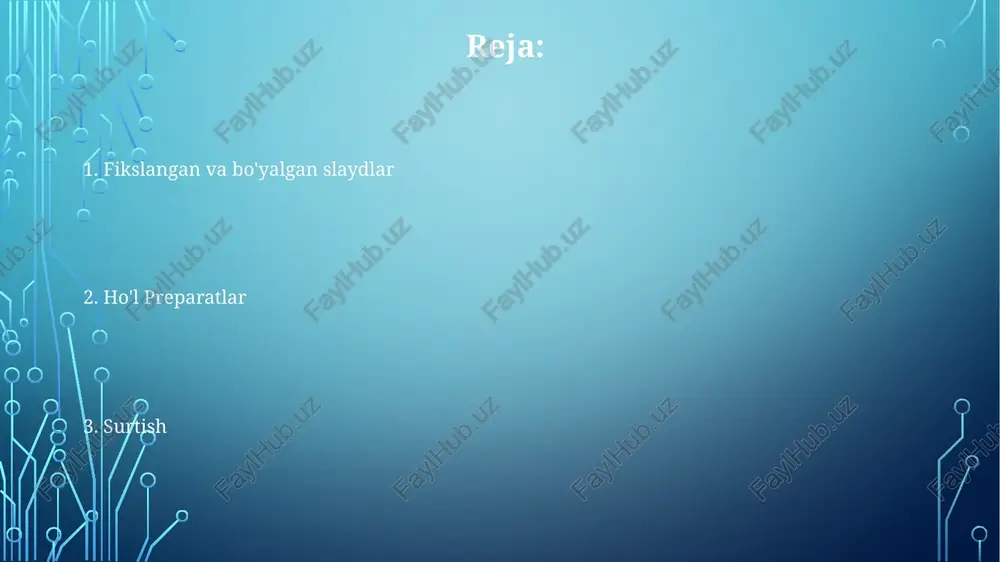 larni qo'yish), joyida sintez (slaydda to'g'ridan-to'g'ri zondlarni yaratish) va mikrofluid fabrikasi (naqsh yaratish uchun mikrofluid kanallardan foydalanish). slayd tayyorlash yuzani tozalash, silanizatsiya qilish va bloklash kabi bosqichlarni o'z ichiga oladi, bu probni immobilizatsiya qilish va o'ziga xos bo'lmagan bog'lanishni minimallashtirish uchun zarur. muzlatilgan bo'laklar sitologiya slaydlari suyuqlik yoki to'qimalardan olingan hujayralarni o'rganish uchun ishlatiladigan surtish yoki hujayra suspenziyalaridan iborat. jarrohlik paytida tezkor tashxis qo'yish uchun tez tayyorlanadigan slaydlar. parafin bilan qoplangan kesmalar eng keng tarqalgan tur bo'lib, to'qima fiksatsiyasi, suvsizlantirish va mumga joylashtirishni o'z ichiga oladi. fluoressent in situ gibridizatsiya (fish) slaydlari fish slaydlar hujayralar yoki to'qimalarda ma'lum dnk ketma-ketligini tasavvur qilish uchun mo'ljallangan maxsus mikroskop slaydlari. slayd tayyorlash hujayra/to'qima fiksatsiyasi, permeabilizatsiyasi, denaturatsiyasi, flüoresan zondlar bilan gibridizatsiyasi va yuvishni o'z ichiga oladi. slayd tayyorlash turlari to'g'ridan-to'g'ri fish, bilvosita fish va xromosoma bo'yashni o'z ichiga oladi. qon plyonkalari qalin qatlamli preparat eng ko'p qo'llaniladigan usul bo'lib, qonning yupqa, tukli chekkasini yaratadi. …