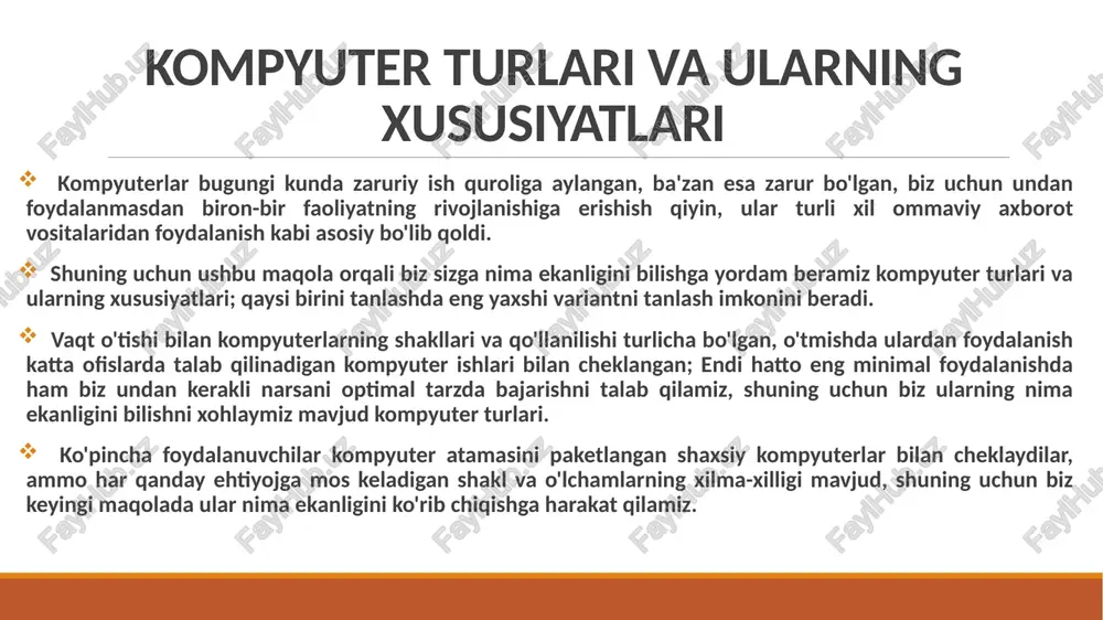 uda issiq kompyuter, shuning uchun uning ishlab chiqaruvchilari sovutish tizimini bajaradigan jarayonlar soniga mos ravishda joylashtirishga mas'uldirlar. asosiy kadrlar bu kompyuterlarning maqsadi barcha turdagi kirish, chiqish ma'lumotlari va barcha saqlanadigan narsalar bilan ishlashdir; boshqa tomondan, ularning terminallari barcha ma'lumotlar qayta ishlanadigan turli xil jismoniy bo'shliqlarga joylashtirilgan. mainfreymlar hozirda ancha yuqori narxga ega, ular bilan maxsus tashkilot bilan ishlash uchun maxsus xonalar ajratilgan. ularning ishini misol qilish uchun, uning ma'lumotlar bazasi asosiy kompyuter tomonidan yuritiladigan do'konni ko'rib chiqing va qolgan do'konlar ular uchun turli terminallardan foydalangan holda ushbu ma'lumotlar bazasiga kirishlari mumkin, asosiy kompyuter uning barcha kirish va chiqishlarini boshqaradigan. kichik kompyuterlar ushbu turdagi kompyuterlar asosiy kompyuterlar va mikrokompyuterlar orasidagi bo'shliqda joylashgan. mini-kompyuterlar mikrokompyuterlarga qaraganda ko'proq kirish va chiqish ma'lumotlarini boshqarish uchun javobgardir, ikkinchisi mikrokompyuterlar deb ham ataladi. shaxsiy kompyuterlar turlari. ba'zi hollarda mikrokompyuterlar terminallarning ko'pini boshqarishga qodir bo'lgan bitta foydalanuvchi tomonidan foydalaniladi. mini-kompyuterlar ko'proq ma'lumotni qayta ishlashni talab qiladigan yoki …
