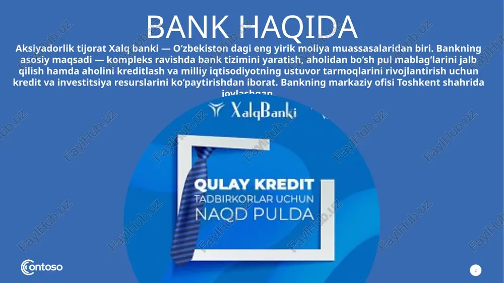 a „bank xizmatlar markazi“, 3 000 dan ortiq kassalar; 355 ta 24/7/365 — rejimida ishlaydigan „elektron ofislar“ faoliyat yuritmoqda. 5 mijozlarga sifatli xizmat ko‘rsatishni tashkil etish uchun bankomatlar sonini oshirish va ularning doimiy ishchi holatda bo‘lishini taʼminlash maqsadida alohida tarkibiy bo‘linma tashkil etilgan va bugungi kunda respublika bo‘yicha joylarda 1 289 ta bankomatlar faoliyat yuritmoqda. razdel 01 razdel 02 5 sravnenie 02 eng zamonaviy xalqaro standartlarga javob beradigan bank mahsulotlari va xizmatlarining ko‘lami va hajmlarini kengaytirish, shuningdek, ulardan butun yurtimiz bo‘ylab foydalanish imkoniyatini taʼminlash orqali davlatning yetakchi universal banki bo‘lish; 6 xalq banki quyidagi talablarga javob berishga intiladi: xodimlar faoliyati uyg‘unligini taʼminlash va ularning shaxsiy va kasbiy intilishlarini ro‘yobga chiqarish yo‘li bilan davlatimizning eng yaxshi va talabgor ish beruvchilaridan biri bo‘lish. xalq banki 6 xalq bank 7 7 8 9 10 11 12 bank tasarrufidagi tashkilotlar 13 "xalq sug‘urta" — ijtimoiy vazifalarning hal etilishida hukumatning moliyaviy agenti vazifalarini bajaruvchi ishonchli …
