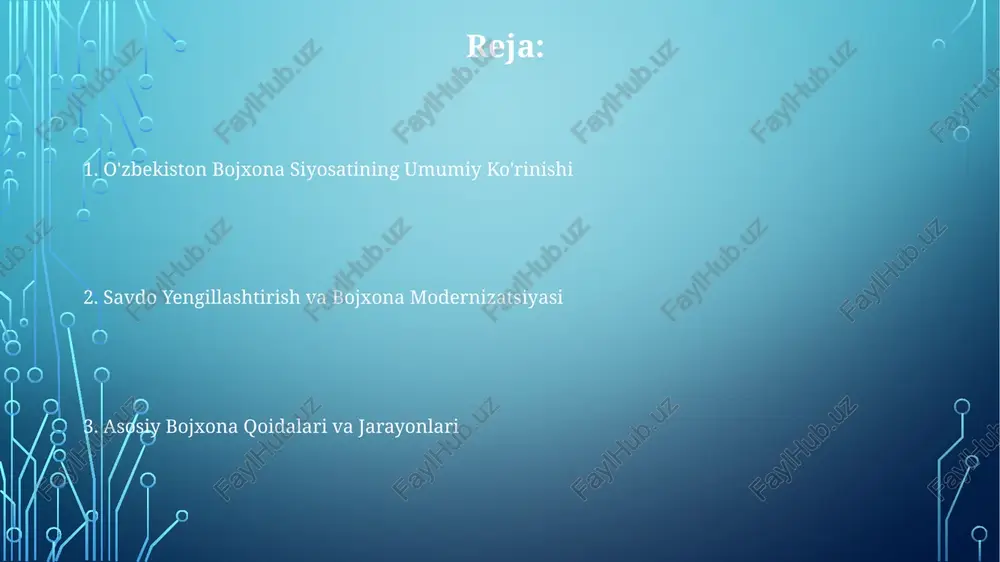 an. bojxona bo'lmagan to'siqlar: o'zbekiston import litsenziyalari, kvotalar va texnik qoidalar kabi turli bojxona bo'lmagan to'siqlardan foydalanadi. bojxona to'siqlari: o'zbekistonning o'rtacha bojxona tariflari nisbatan past, ammo muayyan mahsulotlar bo'yicha tariflar sezilarli darajada farq qilishi mumkin. bojxona to'lovi va soliq majburiyatlari mahsulotlarga bojxona to'lovlari va soliqlar qo'llaniladi, stavkasi mahsulot toifasiga qarab farq qiladi. ma'lumot: o'zbekistonning bojxona siyosati savdo jarayonini soddalashtirish va iqtisodiyotni rivojlantirishga qaratilgan. ma'lumot: ish yurituvchilar jarimadan qochish uchun bojxona qoidalariga rioya qilishlari va tovarlarni aniq deklaratsiya qilishlari kerak. asosiy qonun hujjatlari va qoidalar tashqi iqtisodiy faoliyat toʻgʻrisidagi qonun (2011) o'zbekiston bojxona tovarlarni tasniflash bo'yicha nizomi (2017) o'zbekiston bojxona kodeksi (2010) erkin savdo shartnomalari va bojxona imtiyozlari o'zbekiston rossiya, qozog'iston va qirg'iziston kabi bir qancha davlatlar bilan erkin savdo shartnomalarini (fta) imzoladi. o'zbekistonning bojxona siyosati savdoni osonlashtirish, xorijiy investitsiyalarni jalb qilish va iqtisodiy rivojlanishni rag'batlantirishga qaratilgan. o'zbekiston ba'zi mamlakatlarga, jumladan, yevroosiyo iqtisodiy ittifoqi a'zolariga bojxona imtiyozlari beradi. bojxona nizolarini hal …