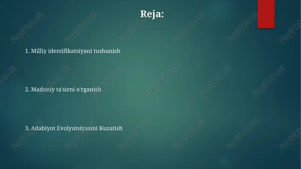 imlar va tendentsiyalarni tahlil qilish hamda ijtimoiy, siyosiy va iqtisodiy omillarning adabiyotga ta'sirini o'rganish. o'zbek adabiyoti tarixining maqsadlari: o'zbek adabiyotining rivojlanishini kuzatish, uning mavzu va uslublarini tahlil qilish va uning madaniy va tarixiy kontekstini tushunish. o'zbek adabiyoti ta'rifi oʻzbek adabiyoti tarixining vazifalari: adabiy matnlarni tahlil qilish, asosiy mualliflar va harakatlarni aniqlash hamda adabiyot va jamiyat oʻrtasidagi munosabatlarni oʻrganish. o'zbek adabiyoti tarixining maqsadlari: o'zbek adabiyotining rivojlanishini, evolyutsiyasini va ta'sirini kuzatish, uning madaniy ahamiyatini tushunish. o'zbek adabiyoti: o'zbek tilida yozilgan turli janr va tarixiy davrlarni o'z ichiga oluvchi yozma asarlar to'plamini o'rganish. o'zbek adabiyoti ahamiyati o'zbek madaniyatini va millatni saqlaydi, jamiyat qadriyatlari va tarixini aks ettiradi. o'zbek tilining evolyutsiyasini va boshqa madaniyatlarga ta'sirini tushunish. o'zbek adabiyoti rivojini, janrlari, uslublari va mualliflari bilan o'rganish. tarixiy kontekst va rivojlanish oʻzbek adabiyoti tarixining vazifalari: matnlarni oʻrganish, adabiy oqimlar va janrlarni tahlil qilish, til va madaniyatning oʻzbek adabiyoti shakllanishidagi rolini oʻrganish hamda uning merosini kelajak avlodlar …