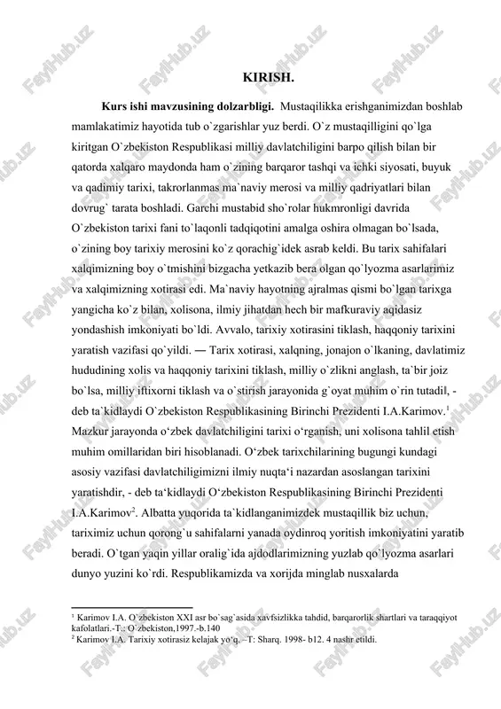 tta yuqorida ta`kidlanganimizdek mustaqillik biz uchun, tariximiz uchun qorong`u sahifalarni yanada oydinroq yoritish imkoniyatini yaratib beradi. o`tgan yaqin yillar oralig`ida ajdodlarimizning yuzlab qo`lyozma asarlari dunyo yuzini ko`rdi. respublikamizda va xorijda minglab nusxalarda [1: karimov i.a. o`zbekiston xxi asr bo`sag`asida xavfsizlikka tahdid, barqarorlik shartlari va taraqqiyot kafolatlari.-t.: o`zbekiston,1997.-b.140] [2: karimov i.a. tarixiy xotirasiz kelajak yo‘q. –t: sharq. 1998- b12. 4 nashr etildi. ] bu ham tariximizning boy o`tmishiga va merosiga ko`rsatilgan ehtirom va e`tirofdir. o`zbek davlatchiliginining uzviy bo`lagi bo`lgan qo`qon xonligi va undagi unvon hamda mansablar ushbu tarixiy qo`lyozma va manbalar asosida aniq dalillarga tayangan holda ochib berish,tahlil qilish tarix fani uchun dolzarb ahamiyatga egadir. yuqorida fikrlardan kelib chiqqan holda biz tanlagan kurs ishining qo`yilgan muammosi ham dolzarb ahamiyat kasb etadi. mavzuning tarixshunosligi qo‘qon xonligi tarixi chuqur tadqiq etilgan. dastlabki tarixchilari tomonidan xonlik tarixining turli sohalari dastlabki tasavvurlar va ayrim to`liq bo`lmagan ma`lumotlar asosida yoritib berilganligi bilan alohida xususiyatga ega. bunday …