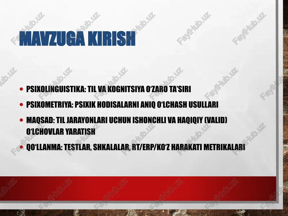 dlik ekologik: laboratoriya natijalari real nutq bilan mos kelishi o‘lchov vositalari (rt, erp, ko‘z harakati) rt (reaksiya vaqti): tezkorlik, log-transformatsiya, outlier filtrlash erp: n400, p600 kabi komponentlar – semantika va sintaksis ko‘rsatkichlari ko‘z harakati: first fixation, gaze duration, regressiyalar psixometrik masala: signal/shovqin, takrorlanuvchanlik, kalibrlash faktor tahlili va o‘lchov modeli efa/cfa: latent konstruktlarni aniqlash va tasdiqlash yaxshi moslik ko‘rsatkichlari (cfi, tli, rmsea, srmr) item interkorrelyatsiyalari va yuklamalar model invariantligi (guruhlar bo‘yicha) ma’lumotlar sifati va oldindan ishlov outlier va artefaktlarni aniqlash: trimming, winsorization ishlamagan itemlar va tavon ballari random javob va e’tibor tekshiruvi (attention checks) namuna hajmi va quvvat (power) rejalashtirish eksperimental dizayn va psixometrik e’tibor ichki–tashqi validlik muvozanati subject/item randomizatsiyasi, counterbalancing mixed-effects modellar (is participant/is item) stimullar muvozanati: chastota, uzunlik, qo‘shimcha omillar madaniy va tilga xos omillar l1/l2, bilingvalizm, dialekt va registr ta’siri so‘z chastotasi va reytinglarini lokal korpuslarda normativlash tarjima ekvivalenti va semantik siljishlar adolat va inkluzivlik: stereotip va biasni …
