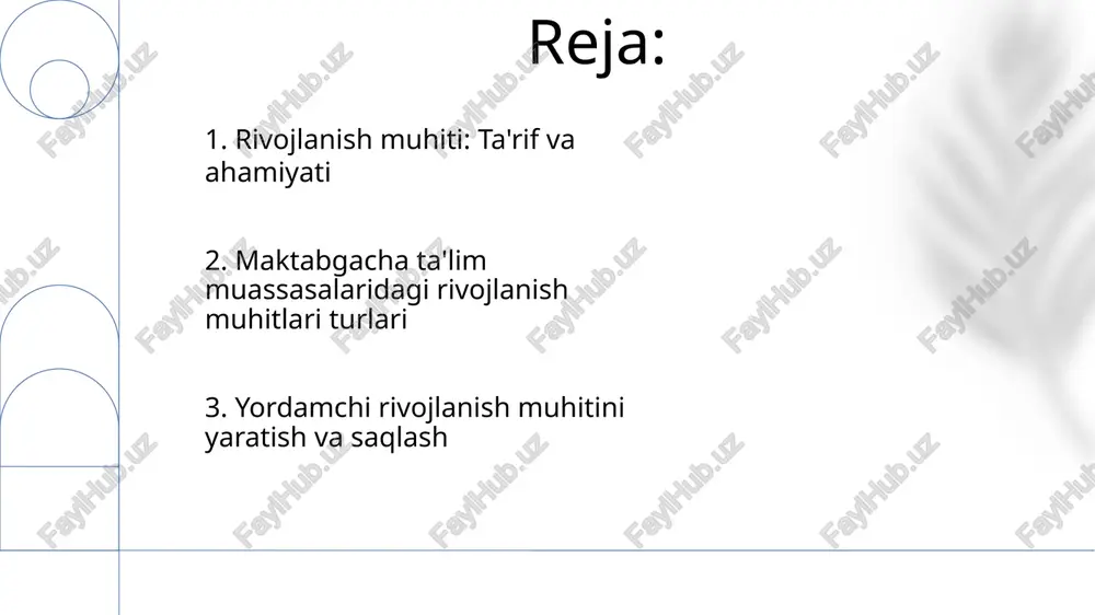 'minlash. tadqiq qilish va o'yin imkoniyatlarini beradigan, rag'batlantiruvchi va xavfsiz muhit yarating. o'yin asosidagi, montessori, redjo emiliya, valdorf. 5. o'qituvchining roli bolalar bog'chasi muhiti bolalarning ijtimoiy, hissiy va kognitiv rivojlanishiga ta'sir qiladi. o'yin asosidagi o'qitish, rag'batlantiruvchi materiallar va qo'llab-quvvatlovchi munosabatlar asosiy tarkibiy qismlardir. turlari tabiiy, qurilgan va texnologiya boyi bo'lib, har biri o'ziga xos o'quv imkoniyatlarini taklif etadi. 6. maktabgacha ta'lim muassasalarida rivojlanish muhitining ahamiyati. maktabgacha ta'limda o'quv dasturi va o'qitish o'quv tajribalarini yo'naltiradi. maktabgacha ta'lim muassasalari rivojlanish muhitlari bolalarning barcha sohalarda o'sishiga qo'llab-quvvatlash uchun ehtiyotkorlik bilan loyihalashtirilgan. rivojlanish muhitlari turlari: o'yin asosidagi, loyiha asosidagi va paydo bo'ladigan o'quv dasturlari. 7. darslik va o'qitish dastur muhiti: dars rejası, faoliyatlar va kundalik tartib. fizik muhit: makon, materiallar va xavfsizlik. ijtimoiy muhit: o'zaro munosabatlar, aloqalar va madaniyat. 8. rivojlanish muhitlari turlari bolalar bog'chasida bu bolalar uchun xavfsiz, rag'batlantiruvchi va g'amxo'rlik qiluvchi muhit yaratishni anglatadi, bu erda ular o'rganish, rivojlanish va o'zlarini ifoda …