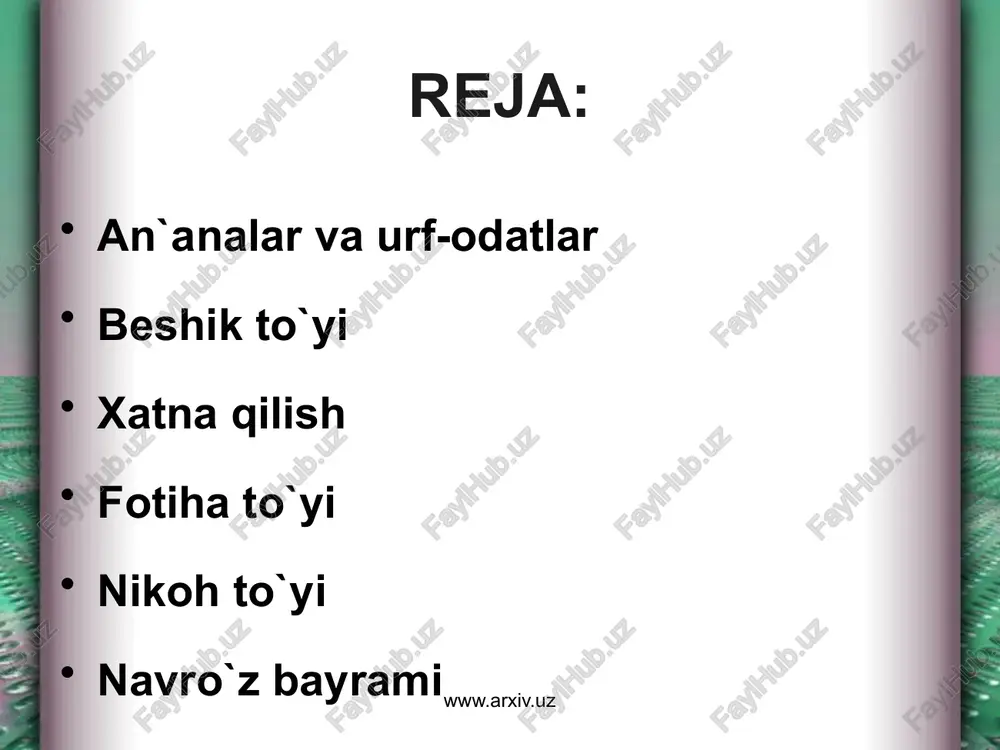 hik to`yi, xatna qilish), nikoh (fotiha to`yi, to`y) bilan bog`liq bo`ladi. ko`pincha ular islom urf-odatlarining sehrgarlik amaliyoti bilan bog`liq bo`lgan undan ham qadimiyroq shakllarga uzviy kirib ketishini namoyon etadi. islom qabul qilinganidan beri ko`pgina oilaviy-maishiy urf-odatlar uning ta`sirida o`zgargan, o`zbeklarning hayotiga musulmon diiy marosimlari kirib kelgan. juma kuni bayram kuni hisoblanadi va shu kuni barcha yig`iladigan masjidda umumiy namoz (duo) o`qiladi. patriarxal urf-odatlar masjid, choyxonalar, bozorda o`tadigan hamda faqat erkaklar ishtirok etadigan ijtimoiy hayotda hozirgacha ham yashamoqda. www.arxiv.uz www.arxiv.uz beshik to`yi – chaqaloqni birinchi marta beshikka solish bilan bog`liq bo`lib, nishonlanadigan marosimli bayramdir. bu eng qakdimgi va o`zbekistronda eng keng tarqalgan marosimlardan biri. odatda bu to`y chaqaloq tug`ilishining 7-, 9-, 11- kuni o`tkaziladi. turli viloyatlarda marosim o`zicha xususiyatlarga ega bo`ladi va oilaning boyligi darajasiga bog`liq bo`ladi: o`ziga to`q oilalar odatda bu to`yni katta ko`lamda o`tkazadi, kambag`al oilalar esa uni kamtarona nishonlaydilar. beshik va chaqaloq uchun barcha zarur andomlar chaqaloq onasining …