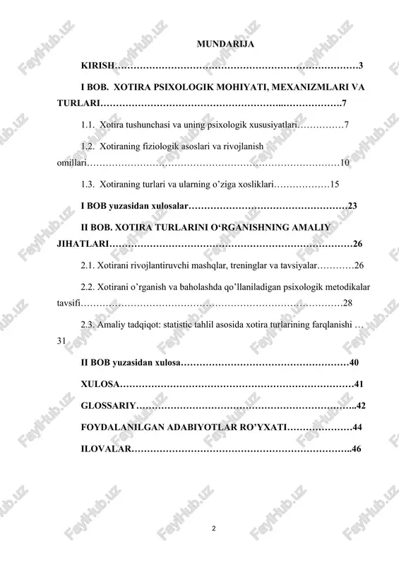 h dolzarb masalalardan biri bo‘lib qolmoqda. zero, prezidentimiz sh.m. mirziyoyev ta'kidlaganidek: “yoshlarni mustaqil fikrlaydigan, zamonaviy bilim va kasb-hunarlarni egallagan, yuksak intellektual salohiyatga ega bo‘lgan barkamol insonlar qilib tarbiyalash – eng asosiy vazifamizdir”. xotira turlari haqida bilimga ega bo‘lish zamonaviy ta’lim va tarbiya jarayonida muhim ahamiyat kasb etadi. har bir o‘qituvchi yoki psixolog shuni unutmasligi kerakki, bilimni puxta egallash uchun avvalo uni xotirada qanday saqlanishi va mustahkamlanish mexanizmlarini bilish talab etiladi. bu esa, ta’lim jarayonida shaxsning psixik imkoniyatlariga mos metodik yondashuvlarni qo‘llash zaruratini keltirib chiqaradi. ayniqsa, yangi o‘zbekiston sharoitida yoshlarning intellektual salohiyatini rivojlantirish, ularning eslab qolish, tahlil qilish, qayta yodga tushirish kabi ko‘nikmalarini oshirish davlat siyosatining ustuvor yo‘nalishlaridan biri sifatida namoyon bo‘lmoqda. prezidentimiz bu borada quyidagilarni alohida ta'kidlaydi: “milliy taraqqiyotimizning ustuvor yo‘nalishlaridan biri bu — yuksak bilimli avlodni shakllantirishga qaratilgan aniq va tizimli siyosatdir” . bunday siyosat zamirida esa inson aqliy rivojining muhim komponenti bo‘lmish xotira turli shakl va ko‘rinishlarda namoyon …
