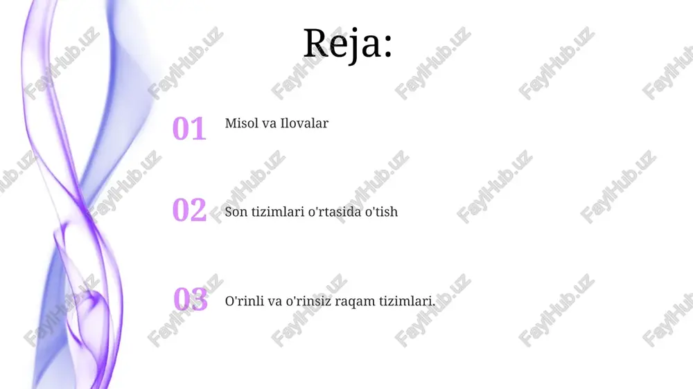 tatsiya qilish usullarini qo'llashni talab qiladi. sakkizlik sonlar tizimi: 0-7 raqamlari bilan 8-asosli. o'n oltilik sonlar sisteması pozitsiyali raqam tizimlari: har bir raqamning o'rni uning qiymatini belgilaydi, masalan, o'nlik tizimda. o'n oltilik sonlar sistemasida 16 ta asos bo'lib, 0-9 va a-f raqamlari 10-15 sonlarini bildiradi. o'nlikdan o'n oltilikka o'tkazish o'rinli va o'rinsiz raqam tizimlari: o'rinli tizimlar, masalan, o'nlik va o'n oltilik, raqamlarni ularning o'rniga qarab ifodalaydi. o'rinsiz tizimlar, masalan, rim raqamlari, o'rin qiymatiga ega emas. o'nlik sonni o'n oltilikka o'girish: o'nlik sonni o'n oltilikka o'girish uchun o'nlik sonni 16 ga qoldiq bilan qoldirish kerak va qoldiqlarni o'n oltilik (0-9, a-f) tizimida yozib olish kerak. o'nlikdan ikkilikka o'tkazish pozitsiyali son tizimlari sonlarni ifodalash uchun o'rin qiymatidan foydalanadi, pozitsiyali bo'lmagan tizimlar esa foydalanmaydi. raqam tizimlari orasida o'tish sonni bitta bazadan boshqasiga o'zgartirishni anglatadi. ikkilikdan o'nlikka o'tish ikkilikdan o'nlikka: ikkilik raqamlarni (0 va 1) ularning o'nlik ekvivalentiga o'zgartirish, joy qiymatlaridan foydalanish. tizimlar orasida …