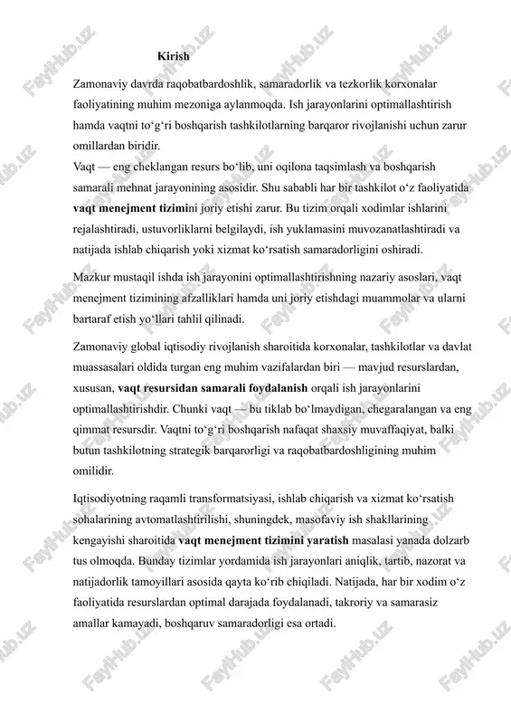 vaqt menejment tizimini yaratish masalasi yanada dolzarb tus olmoqda. bunday tizimlar yordamida ish jarayonlari aniqlik, tartib, nazorat va natijadorlik tamoyillari asosida qayta ko‘rib chiqiladi. natijada, har bir xodim o‘z faoliyatida resurslardan optimal darajada foydalanadi, takroriy va samarasiz amallar kamayadi, boshqaruv samaradorligi esa ortadi. ish jarayonini optimallashtirish — bu faqat texnik yoki tashkiliy o‘zgarish emas, balki boshqaruv madaniyatini tubdan yangilovchi strategik yondashuvdir. unda inson omili, axborot texnologiyalari, mehnat psixologiyasi va tashkiliy struktura bir-biri bilan uzviy bog‘liq holda faoliyat yuritadi. ayniqsa, inson resurslari boshqaruvida vaqt menejment tizimi samarali qarorlar qabul qilish, stressni kamaytirish, ish yuklamasini muvozanatlashtirish hamda jamoaviy hamkorlikni kuchaytirishga xizmat qiladi. hozirgi davrda ko‘plab korxonalar, xususan, ishlab chiqarish, ta’lim, tibbiyot va xizmat ko‘rsatish sohalarida vaqtni noto‘g‘ri taqsimlash, ustuvorliklarni aniqlay olmaslik, ortiqcha byurokratik jarayonlar va samarasiz yig‘ilishlar tufayli katta miqdorda vaqt yo‘qotmoqda. shu bois, zamonaviy menejmentning muhim yo‘nalishlaridan biri sifatida vaqt menejment tizimlarini ilmiy asosda yaratish va joriy etish masalasi alohida e’tibor …