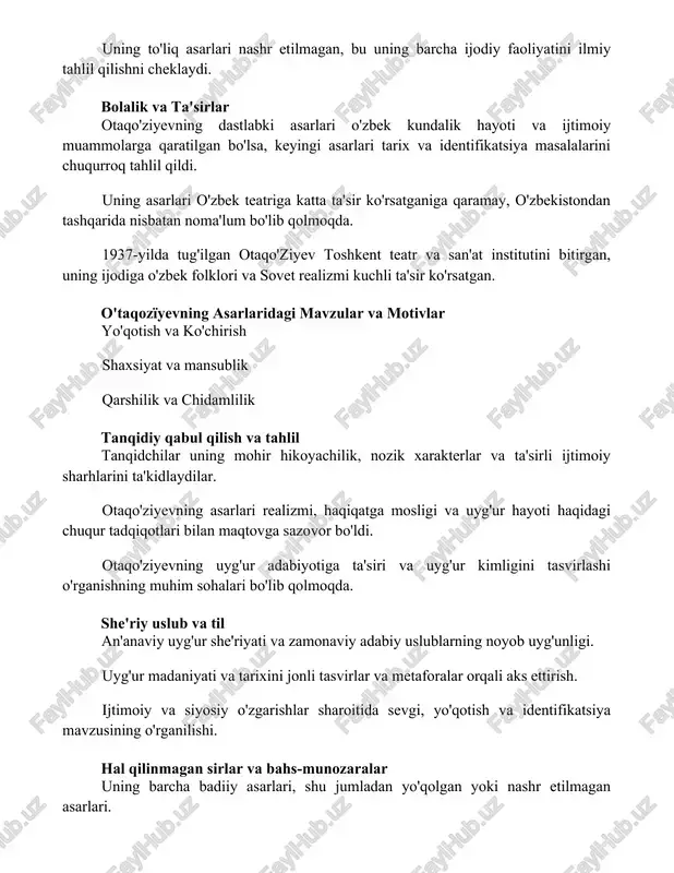 bo'lsa, keyingi asarlari tarix va identifikatsiya masalalarini chuqurroq tahlil qildi. uning asarlari o'zbek teatriga katta ta'sir ko'rsatganiga qaramay, o'zbekistondan tashqarida nisbatan noma'lum bo'lib qolmoqda. 1937-yilda tug'ilgan otaqo'ziyev toshkent teatr va san'at institutini bitirgan, uning ijodiga o'zbek folklori va sovet realizmi kuchli ta'sir ko'rsatgan. o'taqozïyevning asarlaridagi mavzular va motivlar yo'qotish va ko'chirish shaxsiyat va mansublik qarshilik va chidamlilik tanqidiy qabul qilish va tahlil tanqidchilar uning mohir hikoyachilik, nozik xarakterlar va ta'sirli ijtimoiy sharhlarini ta'kidlaydilar. otaqo'ziyevning asarlari realizmi, haqiqatga mosligi va uyg'ur hayoti haqidagi chuqur tadqiqotlari bilan maqtovga sazovor bo'ldi. otaqo'ziyevning uyg'ur adabiyotiga ta'siri va uyg'ur kimligini tasvirlashi o'rganishning muhim sohalari bo'lib qolmoqda. she'riy uslub va til an'anaviy uyg'ur she'riyati va zamonaviy adabiy uslublarning noyob uyg'unligi. uyg'ur madaniyati va tarixini jonli tasvirlar va metaforalar orqali aks ettirish. ijtimoiy va siyosiy o'zgarishlar sharoitida sevgi, yo'qotish va identifikatsiya mavzusining o'rganilishi. hal qilinmagan sirlar va bahs-munozaralar uning barcha badiiy asarlari, shu jumladan yo'qolgan yoki nashr …