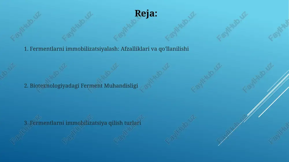 klif etadi. fermentlarni immobilizatsiya qilish texnikasi turli xil qo'llanmalarda fermentlarning barqarorligi, qayta ishlatilishi va jarayonlarni boshqarish uchun muhimdir. immobilizatsiya usullarining turlari fermentlar muhandisligi: muayyan qoʻllanmalar uchun ferment xususiyatlarini yaxshilash. fermentlarni immobilizatsiya qilish: qayta ishlatish va barqarorlik uchun fermentlarni tayanchga biriktirish. fermentlarni muhandislik qilish usullari fermentlar muhandisligi biotexnologiya sohasida muhim rol o'ynaydi, turli xil qo'llanmalar uchun yangi biokatalizatorlarni ishlab chiqish imkonini beradi. fermentlarni muhandislik qilish texnikalari fermentlarni barqarorlik, faollik va o'ziga xoslikni yaxshilash uchun o'zgartiradi. kovalent bog'lanish fermentlar muhandisligi: biotexnologiya sohasidagi innovatsiyalarni rivojlantirish uchun fermentlarning tuzilishi va funktsiyasini o'zgartirish orqali ularni muayyan qo'llanmalar uchun moslashtirish. immobillash: fermentlarni qattiq taglikka mahkamlash, barqarorlik, qayta ishlatish va turli xil dasturlarda boshqaruvni yaxshilash. qiyinchiliklar va kelajak yo'nalishlari immobilizatsiya turlari: adsorbsiya, kovalent bog'lash, kapsulyatsiya, o'zaro bog'lash. qiyinchiliklar: ferment faolligini saqlash, ishlab chiqarish hajmini oshirish, iqtisodiy samaradorlik. adsorbsiya immobilizatsiya: fermentlarni qayta ishlatish va sanoat jarayonlarida barqarorlikni ta'minlash uchun ularni tayanch materialga biriktirish. yutish: molekulalarning qattiq material yuzasiga …
