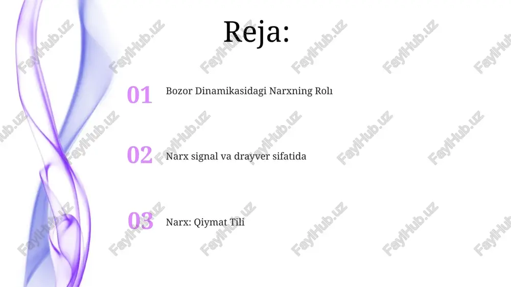 qobat narxlash strategiyasiga ta'sir qiladi, foyda marjasi va bozor ulushiga ta'sir qiladi. narx qiymatni etkazadi va mijozlarni jalb qilish, takliflarni farqlash va savdolarni oshirish uchun ishlatilishi mumkin. narx va mahsulot hayoti davri narx va mahsulot hayoti davri: mahsulotning taqdim etilishidan pasayishgacha bo'lgan umri davomida narxlar qanday o'zgarishini tasvirlaydi. narxning ma'nosi: narx - bu mahsulot yoki xizmat uchun almashtiriladigan qiymat. u foyda va daromadni aniqlashda muhim omil hisoblanadi. narxning vazifalari: qiymatni etkazish, resurslarni taqsimlash va foyda keltirish. narx & axloqiy jihatlar narx qiymat va xarajatni aks ettirib, iste'molchi tanloviga va kompaniya daromadiga ta'sir qiladi. narx qiymatni bildiradi, almashuvni osonlashtiradi va korxonalarning moliyaviy maqsadlariga erishishiga yordam beradi. adolatli narxlash adolat, shaffoflik va ijtimoiy ta'sirni hisobga oladi. narx & psixologik narxlash narx funktsiyalari ishlab chiqarish xarajatlarini qoplash, foyda olish va mijozlarga qiymatni bildirishni o'z ichiga oladi. psixologik narxlash mijozlarning qarashlarini va xarid qarorlarini ta'sir qilish uchun raqamlar va narx nuqtalaridan foydalanadi. narx bu …