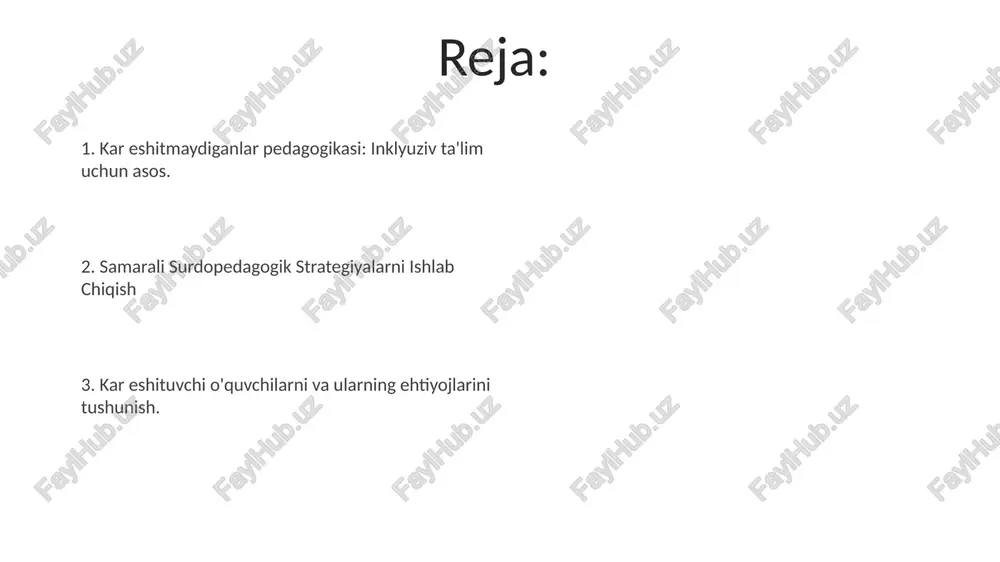 biliyatining buzilishi haqida tushuncha eshitish qobiliyati cheklangan shaxslarning o'ziga xos qiyinchiliklari va kuchli tomonlarini o'rganish. surdopedagogikada samarali o'qitish strategiyasi va aralashuvlarni o'rganish. imzo tilining roli kar-soqov tili va surdopedagogika kar va eshitish qobiliyati past o'quvchilarga kirish mumkin va samarali ta'lim berish uchun birgalikda ishlaydi. surdopedagogika eshitish qobiliyati cheklangan o'quvchilar uchun ixtisoslashgan ta'lim yondashuvi. surdopedagogika: ta'rif va tarix surdopedagogika eshitish qobiliyati cheklangan o'quvchilarga yo'naltirilgan ta'lim sohasidir. 19-asrda imo-ishora tili va og'zaki usullar rivojlanishi bilan paydo bo'lgan. dastur ta'siri: ta'limga kirish imkoniyatlarini kengaytirish, umumiy farovonlikni yaxshilash va muvaffaqiyatli kattalar hayotga o'tish. o'qituvchi samaradorligi: karlar ta'limi haqida chuqur tushuncha, o'qitish usullaridan samarali foydalanish va o'quvchilar bilan ijobiy munosabatlar. surdopedagogiyadagi muvaffaqiyatni baholash e'tiboringiz uchun rahmat @taqdimot_robot image4.jpg image5.jpg image6.jpg image7.jpg image8.jpg image9.jpg image10.jpg image11.jpg image12.jpg image1.jpeg image2.jpeg