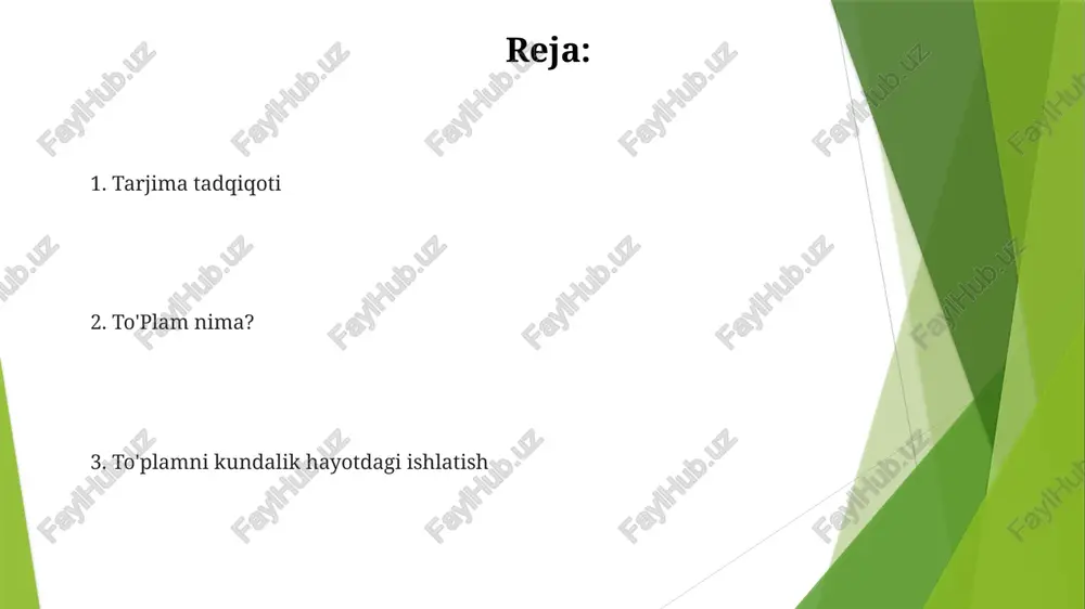 i anglatadi. ikkala so'z ham inglizcha "set" so'ziga tarjima qilinadi, lekin ma'nolari bir-biridan farq qiladi. "to'plam" va "set" o'rtasidagi o'xshashliklar: ikkalasi ham bir-biriga bog'liq elementlar guruhini ifodalaydi. "to'plam" va "set" ikkalasi ham biror narsani aniq joyga qo'yish yoki tartibga solishni bildiradi. "to'plam" jismoniy narsalar va mavhum tushunchalar uchun ishlatilishi mumkin, "set" esa odatda jismoniy narsalarga qo'llaniladi. collection "to'plam" ingliz tilida "set" degan ma'noni anglatadi. "to'plam" tushunchasi biror narsani aniq joyga qo'yish yoki narsalarni muayyan tartibda joylashtirishni anglatishi mumkin. "to'plam" adabiyot va san'atda "to'plam" tushunchasi hikoyaning o'zgarishi uchun aniq vaqt, joy va ijtimoiy muhitni belgilaydi. u shaxsning shakllanishiga, syujet rivojiga va asarning umumiy mavzu va xabariga ta'sir qiladi. "to'plam" ning til ildizlari "to'plam"ning ildizi [til kelib chiqishi] tilida. "to'plam" ehtimol [so'z ildizi ma'nosi]dan kelib chiqqan. "to'plam" ning madaniy ta'siri. "to'plam" polineziya jamiyatlarida tartib va tuzilishga urg'u beradigan madaniy qiymatni ifodalaydi. "to'plam" ijtimoiy aloqalarni boshqarish va jamiyat ichida uyg'unlikni saqlashda muhim tushunchadir. …