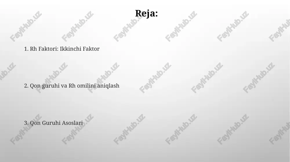 rida a, b va rh antigenlarining mavjudligi yoki yo'qligi bilan aniqlanadi. xulosa qon turi qizil qon tanachalarida ma'lum antigenlarning mavjudligi yoki yo'qligi bilan belgilanadi. qon hujayralari yuzasida rhd antigenining mavjudligi yoki yo'qligi rh faktorini aniqlaydi. universal donor - **universal donor** universal donor: o salbiy qon guruhi, barcha qon guruhlariga berilishi mumkin. qon guruhini aniqlash: qizil qon tanachalarida rh oqsili bor yoki yo'qligiga qarab (musbat yoki manfiy). qon guruhi ahamiyati rh omili, homiladorlik paytida ona rh-manfiy, bola esa rh-musbat bo'lsa, asoratlarga olib kelishi mumkin bo'lgan qizil qon tanachalari ustida qo'shimcha antigen hisoblanadi. qon guruhi irsiydir va qizil qon tanachalarida ma'lum antigenlarning mavjudligi yoki yo'qligi bilan belgilanadi. qon guruhi va homiladorlik ona va bola qoni mosligi asoratlarni oldini olish uchun muhim. rh-faktor mos kelmasligi keyingi homiladorliklarda muammolarga olib kelishi mumkin. qon quyish qon guruhi va rh omilini aniqlash orqali xavfsiz qon quyishni ta'minlash. qon quyish yo'qotilgan qonni mos keladigan qon bilan almashtiradi. …