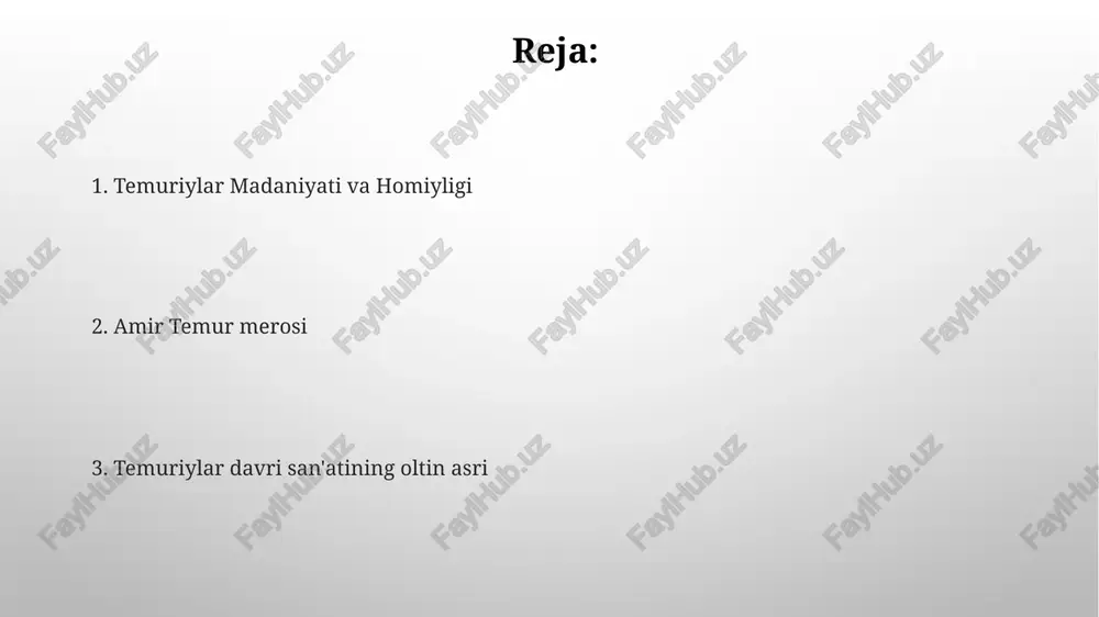 ishdi. adabiyot va xattotlik firdavsiyning "shahnoma"si kabi yirik adabiy asarlar bu davrda buyurtma qilingan va hashamatli tarzda bezatilgan. timurid davrida o'zining nafis va rafinelik bilan ajralib turadigan xattotlik uslubi rivojlandi. xulosa temur hukmronligi davrida fors madaniyati va san'ati gullab-yashnagan, me'morchilik, adabiyot va tasviriy san'atga homiylik qilingan. timurning shafqatsizligi bo'lishiga qaramay, uning hukmronligi, ayniqsa, me'morchilik, adabiyot va san'at sohalarida madaniy taraqqiyot va badiiy ifoda davri bilan ajralib turardi. musiqa va raqs temuriylar saroyida raqs juda rivojlangan edi, fors, markaziy osiyo va hindiston ta'sirlari bor edi. timuriylar saroy marosim va ko'ngil ochishda musiqa muhim rol o'ynagan. ilmiy taraqqiyot temur saroyi ilm-fan markazi edi, u islom dunyosidan olimlarni jalb qilgan. temuriylar san'ati gullab-yashnadi, forsiy, xitoy va islom uslublarini birlashtirdi. temuriylar madaniyatining ta'siri temur davrida timuriylar san'ati gullab-yashnagan bo'lib, u fors, mo'g'ul va islom madaniyatlarining uyg'unlashuvi bilan ajralib turardi. temur homiyligi ostida me'morchilik, xattotlik, rasm va kulolchilik sohalari rivojlandi. e'tiboringiz uchun rahmat @taqdimot_robot image3.png …
