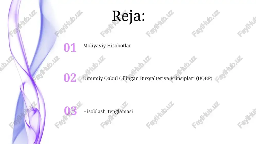'plami. ular ma'lumotlarning izchilligini, ahamiyatini va ishonchliligini ta'minlaydi. hisoblash tenglamasi hisob prinsiplari: umumiy qabul qilingan hisob prinsiplari (gaap) izchil va ishonchli moliyaviy hisobot uchun ramka yaratadi, taqqoslashni va aniqlikni ta'minlaydi. asosiy buxgalteriya tamoyillari: davom etayotgan faoliyat taxmini, to'lov qilingan va qabul qilingan mablag'lar bo'yicha hisoblash, moslashtirish tamoyili va izchillik kabi. ular moliyaviy operatsiyalarni qayd etish va hisobot berishni boshqaradi. mosovvof prinsipi daromadni tan olish printsipi: daromad pul tushganda emas, balki daromad qilingan paytda tan olinadi. xarajatlarni tan olish printsipi: xarajatlar pul toʻlanganidan qat'i nazar, ular kelib chiqqan paytda tan olinadi. umumiy qabul qilingan buxgalteriya prinsiplari (uqbp) bu printsiplar moliyaviy ma'lumotlarning tegishli, ishonchli va turli sub'ektlar bo'yicha taqqoslanishini ta'minlaydi. gaap moliyaviy hisobot berish uchun izchil ramkani taqdim etadi, bu aniqlik va shaffoflikni ta'minlaydi. naqd pul hisobi 01 02 naqd pul asosidagi hisob: daromat va xarajatlar naqd pul olingan yoki to'langan vaqtda tan olinadi. to'g'ri hisoblash usuli: daromad va xarajatlar, pul oqimidan …