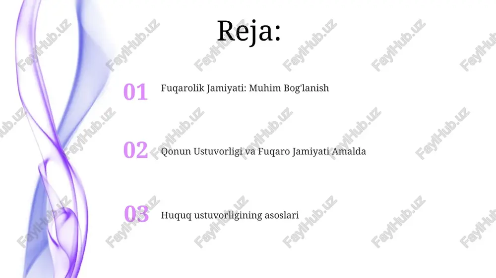 arni himoya qilishda va fuqarolik ishtirokini rivojlantirishda muhim rol o'ynaydi, bu barqaror rivojlanish uchun muhimdir. qonun ustuvorligi iqtisodiy o'sish va ijtimoiy adolat uchun muhim bo'lgan barqarorlik, javobgarlik va shaxsiy huquqlarni himoya qilish uchun ramka yaratadi. korrupsiya va hokimiyatni suiiste'mol qilishga qarshi kurash fuqarolik jamiyati tashkilotlarini yaxshi boshqaruvni kuzatib borish va uning tarafdori bo'lishga kuchlantirish. korrupsiya va hokimiyatni suiiste'mol qilishning oldini olish uchun institutlarni mustahkamlash. mulkiy huquqlarni va adolatga bo'lgan huquqni himoya qilish. adolatga kirish shaxslar va jamiyatlar uchun shikoyatlarni hal qilish va huquqbuzarliklar uchun tovon talab qilish uchun juda muhimdir. qonun ustuvorligi bashorat qilinadigan va adolatli boshqaruv uchun ramka yaratadi, asosiy huquqlarni himoya qiladi va barqarorlikni rivojlantiradi. huquq hukmronligi va fuqarolik jamiyatiga tahdidlar. siyosiy qutblanish va ijtimoiy bo'linishlar mustaqil institutlarning eroziyasi qonun ustuvorligi: asoslari va tamoyillari tenglik, adolat va javobgarlikni ta'kidlab, adolatli va bashorat qilinadigan jamiyat yaratadi. fuqarolik jamiyati qonun ustuvorligini mustahkamlashda muhim rol o'ynaydi, chunki u fuqarolarning faol ishtirokini, …