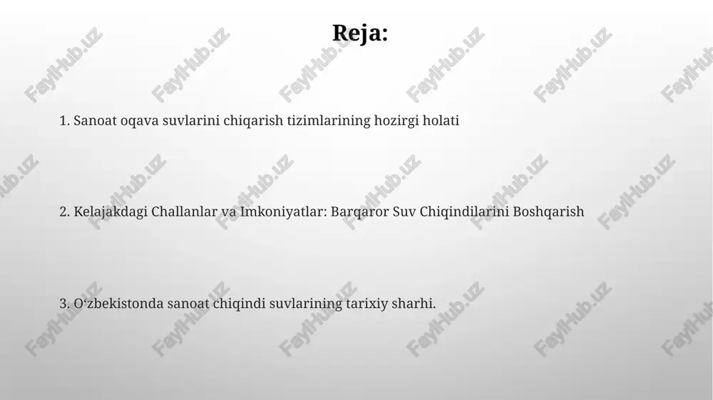 asoslangan. xulosa va tavsiyalar o'zbekistonda barqaror kanalizatsiya suvlarini boshqarish amaliyotlariga erishish uchun hukumat idoralari, sanoat sohalari va tadqiqot muassasalari o'rtasidagi hamkorlik juda muhimdir. suvni saqlash va jamoat salomatligini himoya qilish uchun barqaror va ekologik toza kanalizatsiya tozalash inshootlarini rivojlantirish juda muhim. o'zbekistondagi sanoat chiqindilari suvlarining tarixiy konteksti oʻzbekistondagi sanoat chiqindilari tizimlari vaqti bilan rivojlanib borgan, ammo hali ham yetarli darajada rivojlanmagan, bu esa atrof-muhit muammolariga olib keladi. o'zbekistonda sovet davridagi amaliyotlar tufayli sanoat chiqindisi suvlarining uzoq tarixi mavjud bo'lib, ko'pincha minimal tozalash amalga oshiriladi. hukumat va tartibga soluvchi organlarning roli chiqindi chegaralari va tozalash texnologiyalari uchun standartlar va qoidalarni belgilash. sanoatlarni barqaror kanalizatsiya suvlarini boshqarish amaliyotlarini qo'llashga rag'batlantirish uchun moliyaviy rag'batlar va texnik yordam ko'rsatish. barqarorlik va kelajak yo'nalishlari kelajakdagi yo'nalishlar mavjud tizimlarni modernizatsiya qilish, aylanma iqtisodiyot tamoyillarini targ'ib qilish va davlat-xususiy sheriklikni rivojlantirishni o'z ichiga oladi. ekologik muhofaza va resurslarni qayta tiklash uchun barqaror kanalizatsiya suvlarini tozalash texnologiyalari muhim …