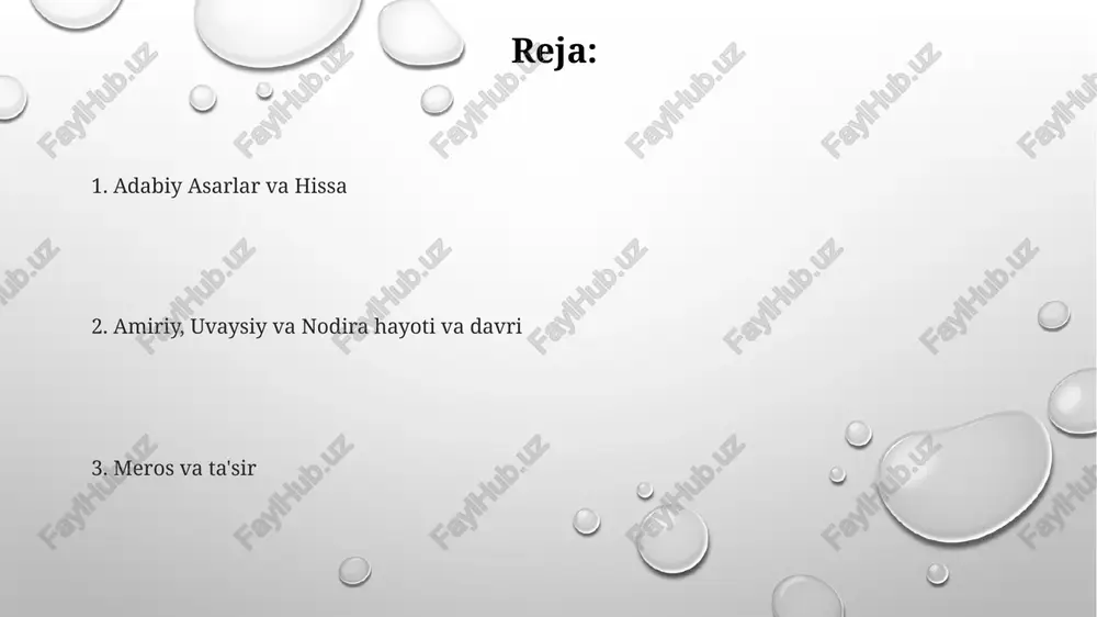 jodi, ularning o'zbek adabiyoti va madaniyatiga qo'shgan hissalari yoritib beriladi. amiriyning o'zbek adabiyotiga ta'siri katta, uning til va mavzulardagi yangilikchiliklar orqali adabiyot rivojiga ta'sir qilgan. uzbek madaniyatiga ta'siri ularning adabiy hissalari o'zbek madaniy o'zligini shakllantirdi va keyingi avlod yozuvchilarga ta'sir ko'rsatdi. amiriy, uvaysiy va nodira o'zbek adabiyotini turli mavzular, uslublar va shakllar bilan boyitdilar. savol-javob sessiyasi taqdimot ularning hissasi haqida tushuncha beradi. tinglovchilar bu raqamlar haqida savol berishlari mumkin. amiriy, uvaysiy va nodira hayoti va ijodi muhokama qilinadi. uvaysiyning erta hayoti va kelib chiqishi uvaysiyning bolalik va hayotining dastlabki yillari sir bilan o'ralgan, aniq ma'lumotlar kam. nodira o'zbek adabiyotida mashhur shaxs edi, u she'riyat va madaniy taraqqiyotga qo'shgan hissasi bilan tanilgan. amiriyning hayoti va ijodi sufizm adabiyotiga qo'shgan hissasi, xususan, ma'naviy yo'l-yo'riq va axloqiy ta'limotlarga qaratilgan. nodira xonimning ayollar adabiyotiga qo'shgan hissasi nodira she'rlarida jamiyat qoidalariga qarshi chiqdi va ayollar huquqlarini himoya qildi. nodiraning asarlari 19-asr o'rta osiyosida sevgi, yo'qotish …