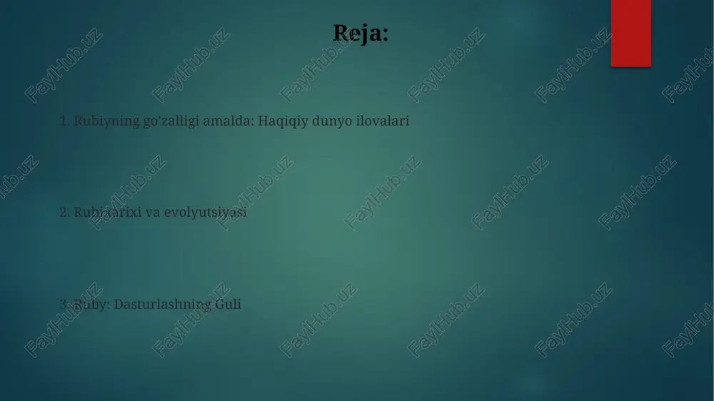 y, sun'iy intellektda qo'llaniladigan ko'p qirrali dasturlash tili. bu iboraning sun'iy intellekt yoki ruby imkoniyatlari bilan qanday bog'liqligi aniq emas. rubiyning nafisligi va inoyati. rubiyning nafisligi va nafisligi bu iborada rubyning go'zalligi va tabiat hamda o'sish bilan bog'liqligi ta'kidlanadi. rubiy va ma'lumotlar fanlari rubyning data science gems va tensorflow kabi kutubxonalar bilan boy ekosistemasi ma'lumotlar fanlari loyihalari uchun keng imkoniyatlar taqdim etadi. ruby, ma'lumotlar fanidagi vazifalar, jumladan ma'lumotlarni tahlil qilish, manipulyatsiya qilish va vizualizatsiya qilish uchun moslashuvchan til. rubyning qudrati va moslashuvchanligi "ruby, gullar tili" iborasi uning go'zalligi va nafisligini ta'kidlaydi. ruby bilan murakkab va chiroyli dasturlarni yaratishning osonligini ko'rsatuvchi ramziy ta'rif. e'tiboringiz uchun rahmat @taqdimot_robot image6.jpg image7.jpg image8.jpg image9.jpg image10.jpg image11.jpg image12.jpg image13.jpg image14.jpg image15.jpg image16.jpg image17.jpg image2.png image3.png image4.png image5.png