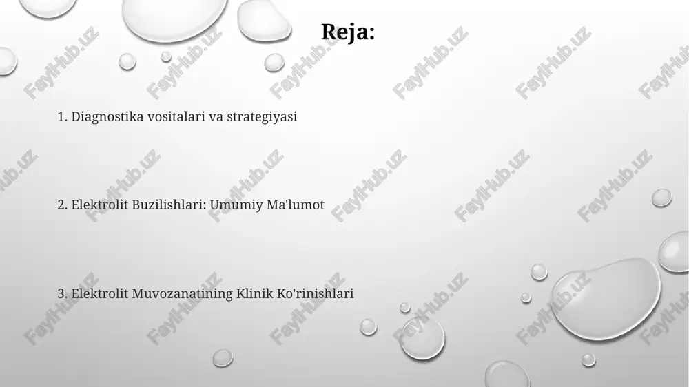 s elektrolitik panel va siydik tahlili kabi laboratoriya tekshiruvlari natijalariga asoslanadi. davolash asosiy sababni bartaraf etishga va elektrolit muvozanatini tiklashga qaratilgan. klinik ko'rinishlar klinik ko'rinishlar: simptomlar elektrolit muvozanatining o'ziga xos turi va og'irligiga qarab farq qiladi. tashxis: qon va siydik tahlillari elektrolit darajalarini o'lchash uchun ishlatiladi. davolash: davolash asosan asosiy sababni tuzatish va elektrolit muvozanatini tiklashga qaratilgan. laboratoriya baholash elektrolitlarga, ayniqsa, siydik tahlili buyrak va buyrakdan tashqari sabablarga ko'ra elektrolit buzilishini farqlashga yordam beradi. qon gaz tahlili orqali o'lchanadigan kislota-asos muvozanatini baholash, elektrolitlar muvozanatining asosiy sababini tushunish uchun juda muhim. natriy, kaliy, xlor, bikarbonat va kaltsiy kabi elektrolitlar darajasi tashxis qo'yish uchun muhimdir. asosiy sabablar tashxis: qon va siydik tahlillari, alomatlarni baholash, tibbiy tarix. asosiy sabablar: suv yo'qotishi (qayt qilish, diareya), buyrak disfunktsiyasi, dori-darmonlar, gormonal nomutanosibliklar. davolash: asl sababni bartaraf etish, suyuqlikni tiklash, elektrolitlarni to'ldirish. umumiy elektrolit buzilishlari asl sababni aniqlash, tomir ichiga suyuqlik va dorilar. tarix va fizikaviy tekshiruv, …