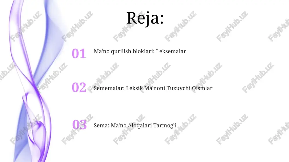 shda qo'llaniladi. leksemalarni semantik jihatdan tahlil qilish semem, lexema ma'nosini tashkil etuvchi alohida xususiyatlardir. "sema" bu ma'lum bir kontekstda lexema ma'nosini bildiradi. please provide me with the text you want to translate to uzbek in latin letters. i'll be happy to help. 😊 lexema tilning asosiy ma'no birligidir, so'z yoki iborani ifodalaydi. sema, lexema ichidagi semalarni birlashtirish natijasida yuzaga keladigan ma'no hisoblanadi. semantik tuzilmaning ahamiyati. 01 02 leksemalar ma'no birliklari bo'lib, semem (ma'no qismlari) dan iborat. semalar - bu leksimaning ma'nosining o'ziga xos xususiyatlari yoki jihatlari. sales 1st qtr 2nd qtr 100 0 sales 1st qtr 2nd qtr 100 0 e'tiboringiz uchun rahmat @taqdimot_robot image4.jpg image5.jpg image6.jpg image7.jpg image8.jpg image9.jpg image10.jpg image11.jpg image12.jpg image13.jpg image14.jpg image15.jpg image1.jpeg image2.jpeg image3.jpeg