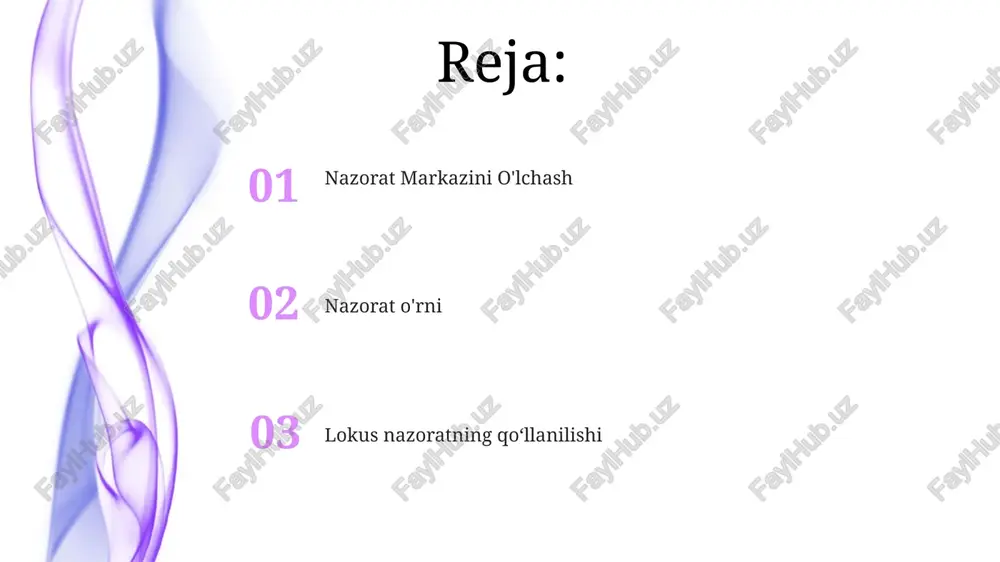 ki shkalalar yordamida o'lchanadi. madaniy qadriyatlar, normalar va tajribalar shaxslarning nazoratni qanday qabul qilishi va vaziyatlarga qanday munosabatda boʻlishiga taʼsir qiladi. rotter locus of control shkalasi shkala 29 ta majburiy tanlovli bandlardan iborat bo'lib, ishtirokchilar ichki yoki tashqi boshqaruv joyini aks ettiruvchi ikkita bayonotdan birini tanlaydi. shkala bo'yicha umumiy ball shaxs o'z hayot voqealarini nazorat qilish darajasini ko'rsatadi. xulq-atvorga bo'lgan nazorat o'rni ta'siri ichki nazorat joyi mehnatsevarlik, qat'iyatlilik va o'zini boshqarish hissi bilan bog'liq. tashqi nazorat joyi esa o'zini ojiz his qilish, boshqalarni ayblash va mas'uliyatdan qochish bilan bog'liq. ichki nazorat joyi shaxsning o'z harakatlari voqealarga ta'sir qiladimi yoki tashqi omillar tomonidan boshqariladimi degan ishonchiga bog'liq. nazorat o'rnini baholash rotterning nazorat o'rni shkalasi nazorat o'rnini baholashning keng tarqalgan usuli hisoblanadi. hayotdagi nazorat manbai haqida shaxsning qarashlari. nazorat joyi haqida kirish kontrol lokusini aniqlash odatda rotterning ichki-tashqi kontrol lokusi shkalasi kabi o'z-o'zini baholash so'rovnomalari orqali amalga oshiriladi. bu savolnomalar shaxslar o'z …