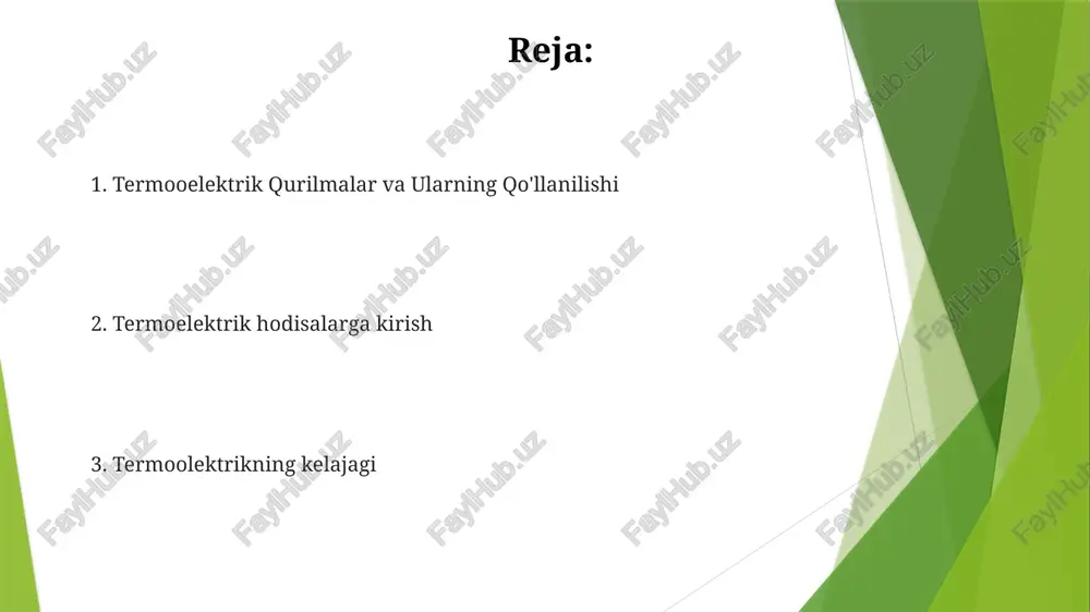 r toki tufayli yuz beradigan issiqlik uzatishni tasvirlaydi. termooelektrik materiallar issiqlikni to'g'ridan-to'g'ri elektr energiyasiga va aksincha aylantiradi. qiyinchiliklar va kelajak yo'nalishlari pastda samaradorlik past: termoelektrik qurilmalar hozirda yuqori energiya konversiya samaradorligiga erisha olmayapti, bu esa ularning amaliy qo'llanilishini cheklaydi. material rivojlanish: yaxshilangan termoelektrik xususiyatlarga ega yangi materiallarni topish energiya konvertatsiyasi va iqtisodiy samaradorlikni yaxshilash maqsadida muhim vazifa bo'lib qolmoqda. pelte effekti seebeck effekti, harorati turli bo'lgan ikkita turli o'tkazgichdan tuzilgan yopiq zanjirdagi elektromotor kuch (emk) hosil bo'lishidir. peltier effekti ikki turli o'tkazgich o'rtasida elektr toki o'tganida, elektr aloqada harorat farqi hosil bo'lishidir. sebeck effekti peltier effekti: ikki turli metallning tutashgan joyidan o'tkazilgan elektr toki issiqlik hosil qiladi. seebeck effekti: ikki xil metall orasidagi harorat farqi kuchlanish hosil qiladi. e'tiboringiz uchun rahmat @taqdimot_robot image1.jpg image2.jpg image3.jpg image4.jpg image5.jpg image6.jpg image7.jpg image8.jpg image9.jpg image10.jpg
