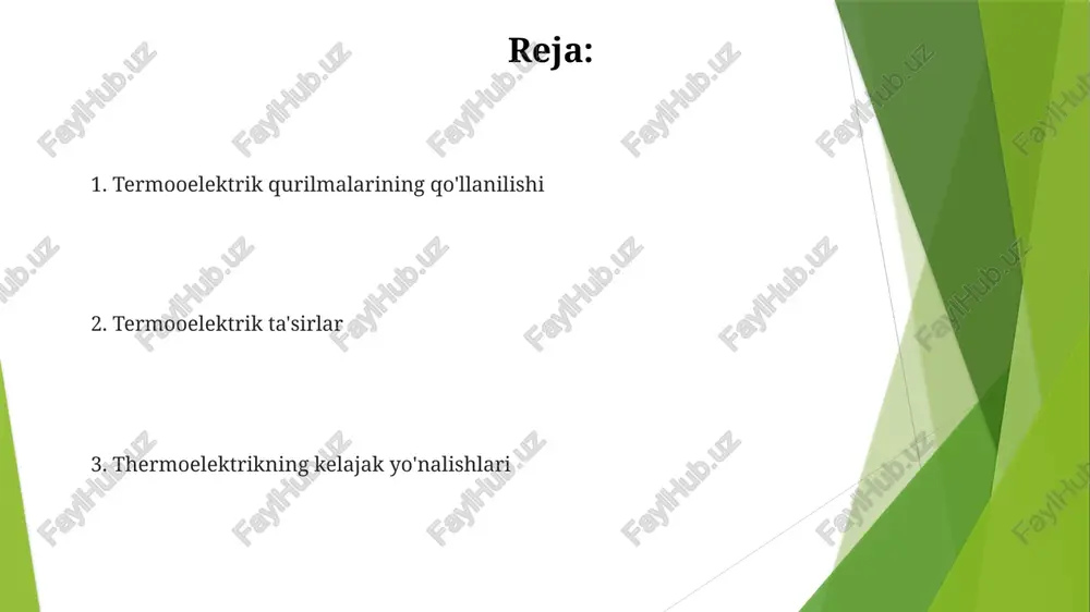 ansiyalarida) qattiq holatli sovutish (masalan, ko'chma sovutgichlar, tibbiyot asboblari) termooelektrik generatorlar seebeck effekti va peltier effekti ikkita asosiy termoelektrik hodisadir. termooelektrik generatorlar issiqlik energiyasini to'g'ridan-to'g'ri elektr energiyasiga aylantiradi. e'tiboringiz uchun rahmat @taqdimot_robot image1.jpg image2.jpg image3.jpg image4.jpg image5.jpg image6.jpg image7.jpg image8.jpg image9.jpg