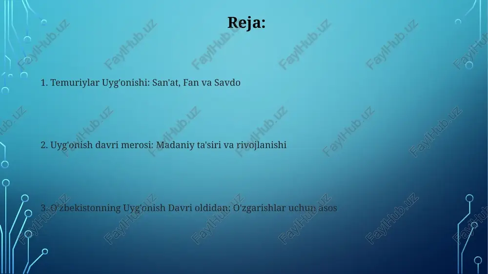 bi imperiyalarning ta'sirini markazlashtiradi. islom madaniyatining ta'siri islom madaniyati o'zbek jamiyati, san'ati, me'morchiligi va adabiyoti shakllanishida muhim rol o'ynagan. temuriylar davri uyg'onishi ajoyib masjidlar, kutubxonalar va rasadxonalar qurilishiga olib keldi va intellektual almashinuvni rag'batlantirdi. temuriylar uyg'onishining merosı temuriylar hukmronligi davrida san'at, fan va adabiyotning gullab-yashnashi, ajoyib me'morchilik va astronomiya, matematika va tibbiyot sohalarida yutuqlar bilan ajralib turdi. temuriylar davrida noyob o'zbek milliy kimligi shakllandi va o'zbekistonni bugungi kunda ham ta'sir qiladigan kuchli madaniy asos yaratildi. xulosa o'zbekistondagi uyg'onish davri me'morchilik, adabiyot va san'atga ta'sir ko'rsatib, mintaqaning madaniy o'ziga xosligini shakllantirib, uzoq umrli meros qoldirdi. temuriylar hukmronligi muhim davrni belgilab berdi, samarqand ilm-fan markazi va madaniyat almashinuvi markaziga aylandi. fan va texnologiya o'zbekistonda uyg'onish davri astronomiya, matematika va tibbiyotda sezilarli taraqqiyotlarni ko'rdi. texnologiya yangiliklari sug'orish tizimlarini takomillashtirish va yangi to'qimachilik turlarini ishlab chiqishni o'z ichiga olgan. dinning roli islom o'zbek madaniyati va milliy o'zligini shakllantiruvchi asosiy din edi. temuriylar davrida san'at, …