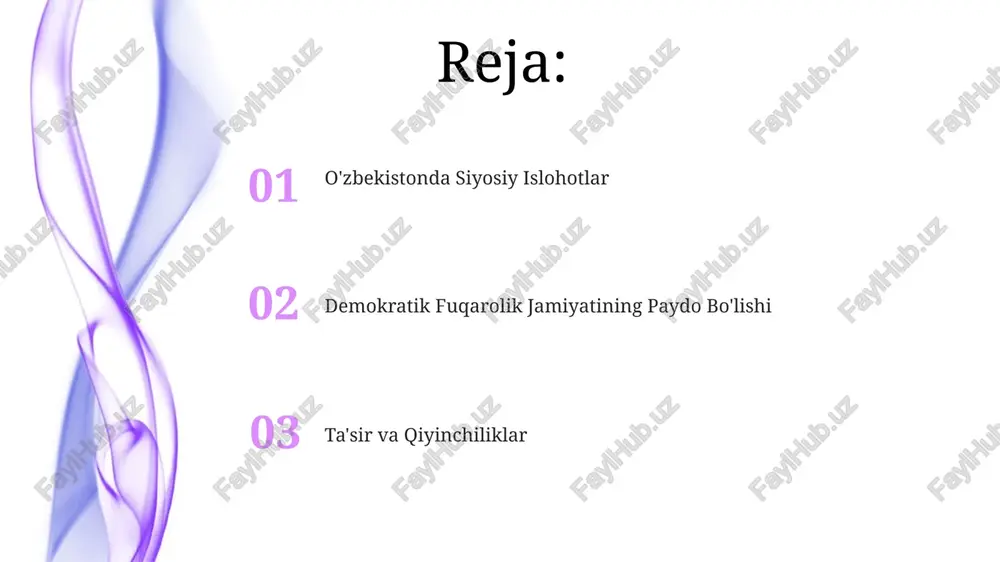 erdi, bu esa shaffoflik va javobgarlikni oshirishga olib keldi. kelajak istiqbollari: demokratiyani rivojlantirish uchun fuqarolik jamiyatining faol ishtiroki, mustaqil ommaviy axborot vositalari va xolis sud tizimi zarur. ozodlik va oav erkinligining kuchayishi o'zbekistonda ifoda erkinligi va ommaviy axborot vositalarining mustahkamlanishi demokratik fuqarolik jamiyatining shakllanishiga hissa qo'shdi. o'zbekistonda demokratik qadriyatlar va fuqarolik jamiyati rivojini rag'batlantirish maqsadida siyosiy islohotlar amalga oshirildi. e'tiboringiz uchun rahmat @taqdimot_robot image4.jpg image5.jpg image6.jpg image7.jpg image8.jpg image9.jpg image10.jpg image11.jpg image1.jpeg image2.jpeg image3.jpeg