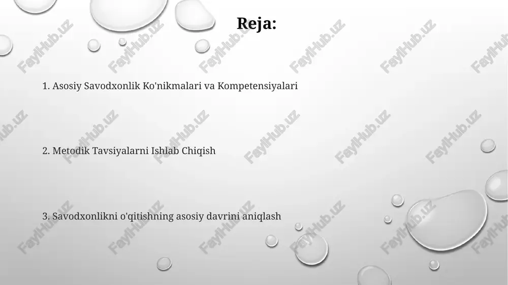 rivojlantirish uchun muhimdir. baholash va baholanish: taraqqiyotni o'lchash samarali savodxonlik ta'limi bo'yicha tavsiyalar ishlab chiqish. ma'lumotli qaror qabul qilish uchun shakllantiruvchi va yakuniy baholashdan foydalanish. o'quvchilarning savodxonlik rivojlanishidagi taraqqiyotini baholash. tushunish strategiyalari: matnni tushunish savol berish va xulosa chiqarish: savol berish va javob berish, xulosa chiqarish ma'no yaratishni yaxshilaydi. oldingi bilimni faollashtirish: mavjud bilim bilan bog'lanish tushunishni yaxshilaydi. tasavvur qilish va xulosa chiqarish: aqliy tasvirlar yaratish va asosiy fikrlarni qisqartirish tushunishga yordam beradi. e'tiboringiz uchun rahmat @taqdimot_robot image1.png image2.png image3.png