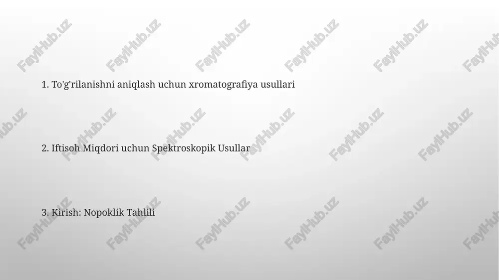 y tahlil usullariga umumiy nazar: spektroskopiya, xromatografiya va mass-spektroskopiya. aralashmalarni tahlil qilish: materiallardagi iz miqdordagi ifloslantiruvchi moddalarni aniqlaydi va miqdorini belgilaydi. titrlash usullari titrlash: noma'lum konsentratsiyali eritma (analit) bilan to'liq reaksiyaga kirish uchun zarur bo'lgan ma'lum konsentratsiyali eritmaning (titrant) hajmını aniq o'lchash. xromatografiya: aralashmaning turli xil komponentlarini statsionar fazaga bo'lgan har xil yaqinligi asosida ajratish va aniqlash. iftihor tahlilidagi yangi yo'nalishlar sezgir va aniq miqdoriy aniqlash uchun detektorlar bilan birlashtirilgan xromatografik usullar. ko'p namunalarni tezkor tahlil qilish uchun yuqori samaradorlikli skrining. analitik usullarni tekshirish bu usullar murakkab matrislarda aralashmalarni miqdoriy aniqlash uchun yuqori sezgirlik, tanlanganlik va avtomatlashtirishni taklif etadi. validatsiya tahlil usullarining to'g'riligi, aniqligi va ishonchliligini ta'minlaydi. aralashmalar va ularning ahamiyati haqida kirish aralashmalar moddaning xossalari va ishlashiga ta'sir qilishi mumkin. xromatografiya, spektroskopiya va mass-spektrometriya kabi tahlil usullari aralashmalar darajasini aniqlash uchun qo'llaniladi. spektroskopik usullar: uv-vis, ir va nmr ushbu texnikalar molekulalar bilan elektromagnit nurlanishning o'zaro ta'sirini foydalanib, noyob spektral …