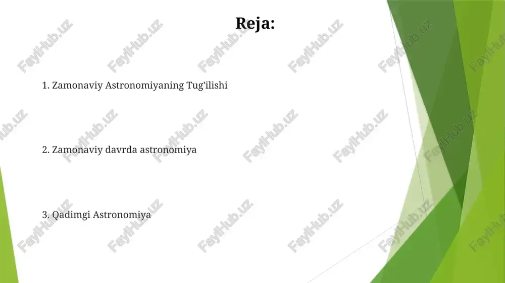 qarashga o'tishni ta'minladi. kopernik, galileo va kepler kabi muhim shaxslar o'z kuzatuvlari va hisob-kitoblari bilan o'rnatilgan nazariyalarni shubha ostiga qo'ydi. xix asr spektroskopiyaning rivojlanishi astronomlarga yulduzlar va sayyoralarning tarkibini tahlil qilish imkonini berdi. 1846-yilda neptun sayyorasining kashf etilishi quyosh sistemasiga bo'lgan tushunchamizni inqilob qildi. qadimgi astronomiya ilk astronomlar zamonlarni belgilash uchun taqvimlarni yaratishgan, quyosh va oy tutilishini bashorat qilishgan va yulduz turkumlarini xaritaga tushirishgan, bu zamonaviy astronomiya uchun asos bo'lgan. qadimgi tsivilizatsiyalar osmonni kuzatgan, navigatsiya, qishloq xo'jaligi va diniy maqsadlar uchun samoviy jismlarni kuzatgan. teleskopik astronomiya galileo galilei oy oy, sayyoralar va yulduzlarni kuzatish uchun teleskopdan foydalanib, inqilobiy kashfiyotlar qildi. teleskoplar tarix davomida takomillashib bordi va bu hubble kosmik teleskopi kabi kuchli asboblarning rivojlanishiga olib keldi. ma'rifat asri ma'rifat asri astronomiyada diniy dogmalardan empirik kuzatishga o'tishni ko'rdi. bu davrda teleskop va harakat va tortishish qonunlari kashf etildi, bu kosmosni tushunishda inqilob qildi. e'tiboringiz uchun rahmat @taqdimot_robot image1.jpg image2.jpg image3.jpg image4.jpg …