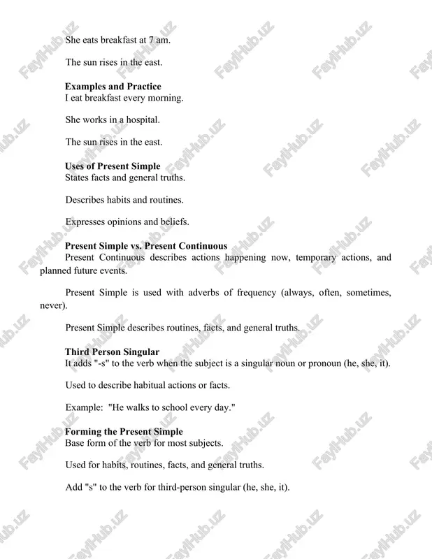 lusion in conclusion, the present simple tense is essential for expressing habitual actions, facts, and general truths. it provides a clear and concise way to describe routines, unchanging situations, and timeless knowledge. references 1. murphy, r. (2018). english grammar in use: a self-study reference and practice book for intermediate learners. cambridge university press. 2. swan, m. (2021). practical english usage. oxford university press. 3. oxford learner's dictionaries. (2023). present simple. retrieved from https://www.oxfordlearnersdictionaries