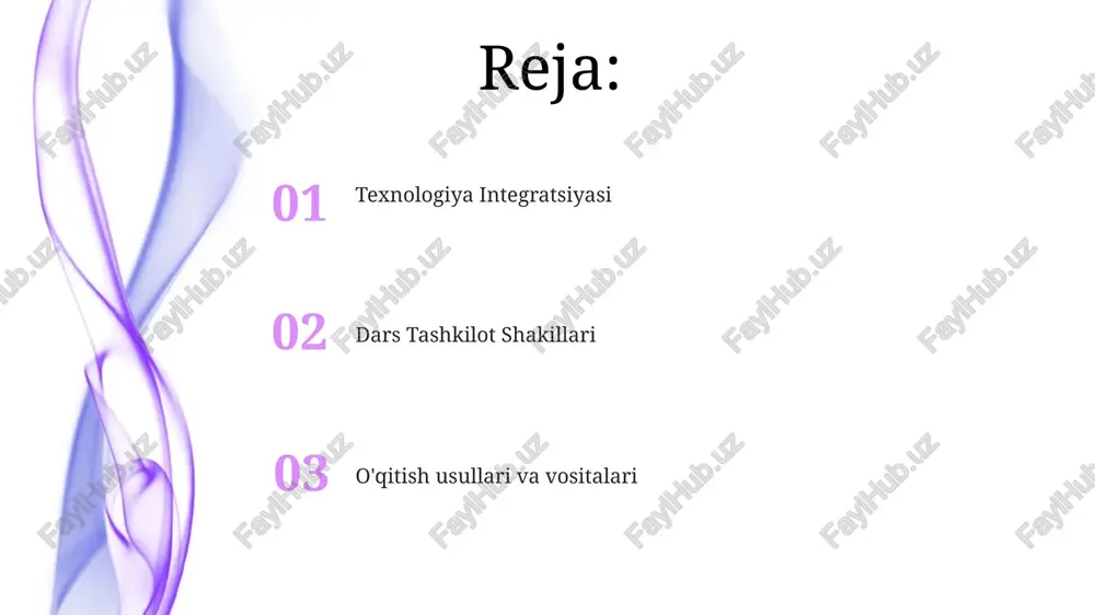 an ketma-ketlikdir. to'g'ridan-to'g'ri o'qitish usullari o'qituvchi tomonidan tushuntirishlar, namoyishlar va boshqariladigan mashqlarni o'z ichiga oladi. farqlovchi ta'lim farqlashtirilgan ta'lim: o'quvchilarning turli xil ehtiyojlarini qondirish uchun ta'limni moslashtirish. dars tashkiloti: dars tuzilmasi va oqimi, shu jumladan mashg'ulotlar, vaqtni boshqarish va o'tishlar. interaktiv o'quv texnikalari dars tashkil qilishning asosiy shakli: aniq maqsadlar, qiziqarli mashg'ulotlar va baholash orqali darslarni mantiqiy tarzda tuzib, tushunish va o'rganishni osonlashtirish. o'qitish usullari va vositalari: ma'ruza, namoyish, ish holatlarini tahlil qilish, texnologiya integratsiyasi va teskari bog'lanish mexanizmlari kabi turli xil yondashuvlarni qo'llang. birgalikda o'rganish strategiyalari dars tashkil etishning asosiy shakli: darsning tuzilishi, masalan, to'g'ridan-to'g'ri ko'rsatma, so'rov asosidagi o'qitish yoki loyiha asosidagi o'qitish. birgalikda o'rganish strategiyasi: talabalar birgalikda o'rganish, chuqurroq tushunish va faol ishtirok etishni rag'batlantiradi. e'tiboringiz uchun rahmat @taqdimot_robot image4.jpg image5.jpg image6.jpg image7.jpg image8.jpg image9.jpg image10.jpg image11.jpg image12.jpg image1.jpeg image2.jpeg image3.jpeg