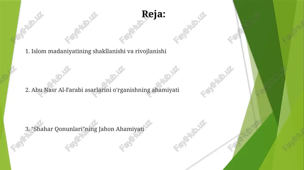 ri islom bilimlarini, xususan, hadis ilmining rivojlanishiga qo'shgan hissasi orqali tarqatish va saqlashda muhim rol o'ynagan. al-farobiyning "shahar qonunlari" asarining global ta'siri va islom siyosiy falsafasiga ta'siri. markaziy osiyo olimlarining islom fikriga, ayniqsa falsafa va huquq sohalariga ta'siri. "shahar qonunlari" da "ideal shahar" tushunchasini o'rganish al-farobiyning asarlarini o'rganish islom madaniyatining rivojlanishiga, markaziy osiyoning intellektual va falsafiy hissalariga yoritib beradi. abu nasr al-farobiyning "shahar qonunlari" asarida ideal shahar tushunchasi ochib beriladi va aql va adolatga asoslangan utopik jamiyat tasvirlanadi. "shahar qonunlari" islom falsafasida asosli matn bo'lib, asrlar davomida siyosiy fikr va shahar rejalashtirishga ta'sir ko'rsatdi va global ahamiyatga ega. abu nasr al-farobiy: bir ko'zga ko'rinmas falsafiy al-farabiyning asarlarini o'rganish islom falsafasining rivojlanishini va global fikrga ta'sirini tushunish uchun juda muhim. abu nasr al-farobi islom tafakkuriga katta ta'sir ko'rsatgan ko'zga ko'ringan faylasuf edi. "al-farobiyning "shahar qonunlari" nomli muhim siyosiy asari global ahamiyatga ega bo'lib, adolatli va ideal jamiyatni targ'ib qiladi." "shahar qonunlari"ning …