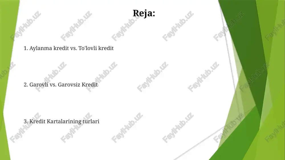 susiyatlarga ega. farişta investorlar: erta bosqich kompaniyalariga, ko'pincha ulush uchun investitsiya qiladigan yuqori daromadli shaxslar. invoice discounting - **invoice diskontlash** invoice discounting: korxonalar to'lanmagan hisob-fakturalarini darhol pul olish uchun, odatda chegirma bilan kredit beruvchiga sotadilar. alohida kreditlar: bitta kredit beruvchi tomonidan taklif etiladigan turli xil kreditlar, masalan, aylanma kredit, muddatli kreditlar. ajratilgan kredit turlari: aylanma kredit (kredit liniyasi), muddatli kreditlar (vaqt o'tishi bilan belgilangan to'lovlar) va kredit maktubi (ta'minotchilarga to'lovni kafolatlaydi). bank krediti ajratilgan kredit turlari orasida tijorat kreditlari, iste'mol kreditlari va ipoteka kreditlari mavjud. bank krediti - bu moliyaviy muassasalar tomonidan shaxslar yoki korxonalarga beriladigan qarz. kommersiya kreditlari biznes maqsadlarida, iste'mol kreditlari shaxsiy ehtiyojlar uchun va ipoteka kreditlari ko'chmas mulk sotib olish uchun ishlatiladi. savdo krediti akreditiv: agar xaridor muayyan shartlarga javob bersa, bank sotuvchiga to'lovni kafolatlaydi. savdo krediti: yetkazib beruvchilar tomonidan tovarlar va xizmatlar uchun xaridorlarga taqdim etiladigan qisqa muddatli moliyalashtirish. hisob ochish krediti: tovarlar darhol yetkazib beriladi, …