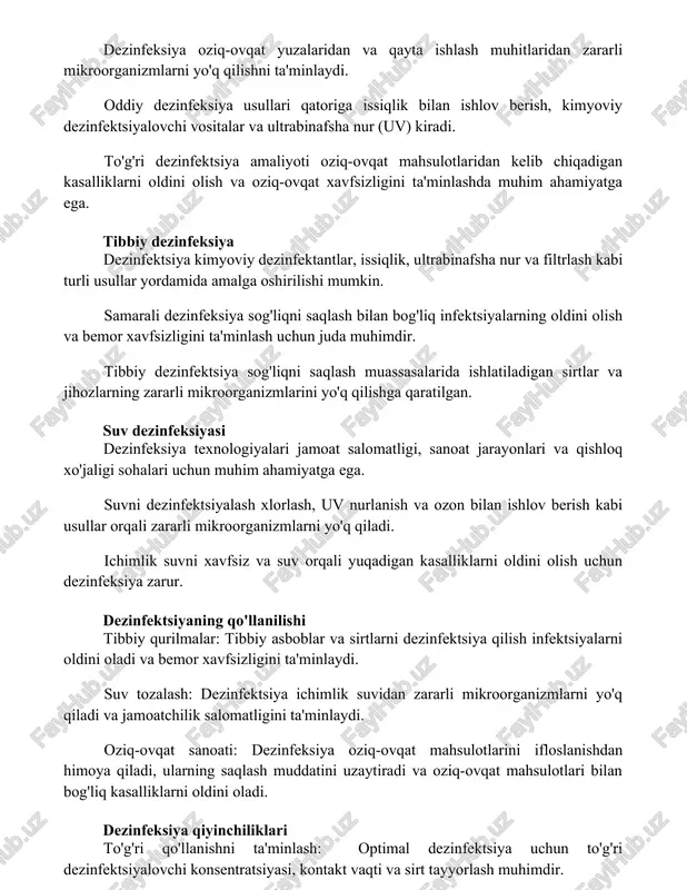 bemor xavfsizligini ta'minlash uchun juda muhimdir. tibbiy dezinfektsiya sog'liqni saqlash muassasalarida ishlatiladigan sirtlar va jihozlarning zararli mikroorganizmlarini yo'q qilishga qaratilgan. suv dezinfeksiyasi dezinfeksiya texnologiyalari jamoat salomatligi, sanoat jarayonlari va qishloq xo'jaligi sohalari uchun muhim ahamiyatga ega. suvni dezinfektsiyalash xlorlash, uv nurlanish va ozon bilan ishlov berish kabi usullar orqali zararli mikroorganizmlarni yo'q qiladi. ichimlik suvni xavfsiz va suv orqali yuqadigan kasalliklarni oldini olish uchun dezinfeksiya zarur. dezinfektsiyaning qo'llanilishi tibbiy qurilmalar: tibbiy asboblar va sirtlarni dezinfektsiya qilish infektsiyalarni oldini oladi va bemor xavfsizligini ta'minlaydi. suv tozalash: dezinfektsiya ichimlik suvidan zararli mikroorganizmlarni yo'q qiladi va jamoatchilik salomatligini ta'minlaydi. oziq-ovqat sanoati: dezinfeksiya oziq-ovqat mahsulotlarini ifloslanishdan himoya qiladi, ularning saqlash muddatini uzaytiradi va oziq-ovqat mahsulotlari bilan bog'liq kasalliklarni oldini oladi. dezinfeksiya qiyinchiliklari to'g'ri qo'llanishni ta'minlash: optimal dezinfektsiya uchun to'g'ri dezinfektsiyalovchi konsentratsiyasi, kontakt vaqti va sirt tayyorlash muhimdir. dezinfeksiya usullarining samaradorligini tushunish: turli xil dezinfeksiya usullari turli xil patogenlarga nisbatan turli xil samaradorlik darajasiga ega. …