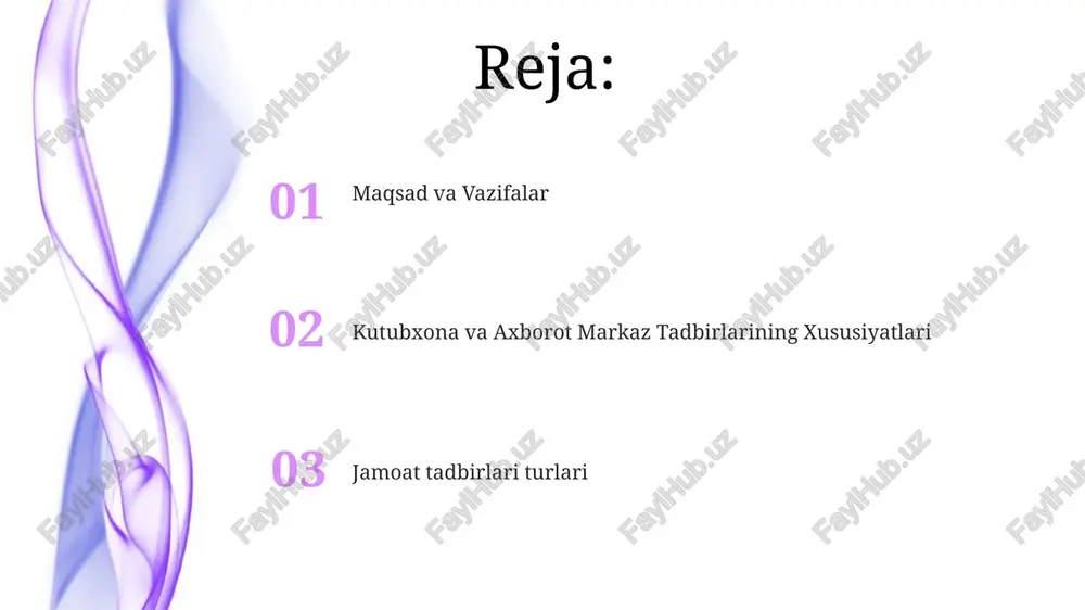 munosabatlarni mustahkamlash, daromad olish. marketing va reklama be pul, ochiq, oilaviy, jamoatchilikka yo'naltirilgan va qiziqarli. ta'lim, ko'ngil ochish, ijtimoiy va madaniy tadbirlar. yangi foydalanuvchilarni jalb qilish, jamoatchilikni shakllantirish va kutubxona xizmatlarini targ'ib qilish. e'tiboringiz uchun rahmat @taqdimot_robot image1.jpeg image2.jpeg image3.jpeg