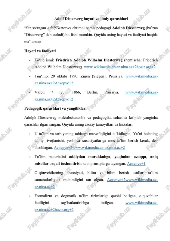 alariga e’tibor qaratgan. u o‘qituvchilarning mustaqil fikrlashi va ijodiy yondashuvini qo‘llab-quvvatlagan. uning asosiy pedagogik tamoyillari quyidagilardan iborat: tabiiy pedagogika –o‘quv jarayonida bolaning tabiiy rivojlanish xususiyatlarini hisobga olish. erkin ta’lim –ta’limni ezgulik, axloq va mustaqil fikrlash tamoyillariga asoslash. amaliy va nazariy bilimlarning uyg‘unligi –faqat nazariy bilim emas, balki hayotga tatbiq qilinadigan ko‘nikmalarni rivojlantirish. distervergning “o‘qituvchining pedagogik tafakkuri” va “nemis maktablarining rivojlanishi” kabi asarlari pedagogik nazariyaning shakllanishiga katta ta’sir ko‘rsatgan. o‘qituvchi tayyorlash tizimiga qo‘shgan hissasi distervergning eng muhim hissalaridan biri –o‘qituvchilar tayyorlash tizimini isloh qilishdir. u o‘qituvchi shunchaki bilim beruvchi emas, balki o‘quvchilarga yo‘l-yo‘riq ko‘rsatuvchi shaxs bo‘lishi kerakligini ta’kidlagan. uning fikriga ko‘ra, yaxshi o‘qituvchi quyidagi fazilatlarga ega bo‘lishi kerak: doimiy o‘z ustida ishlash va o‘z bilimlarini oshirish. o‘quvchilarning individual xususiyatlarini hisobga olish. o‘quv jarayonida faqatgina darslikka tayanib qolmay, turli metodlardan foydalanish. uning g‘oyalari germaniya va boshqa yevropa mamlakatlarida o‘qituvchi tayyorlash tizimiga ijobiy ta’sir ko‘rsatgan.disterverg va ta’lim metodikasi disterverg didaktikani rivojlantirishga katta e’tibor …