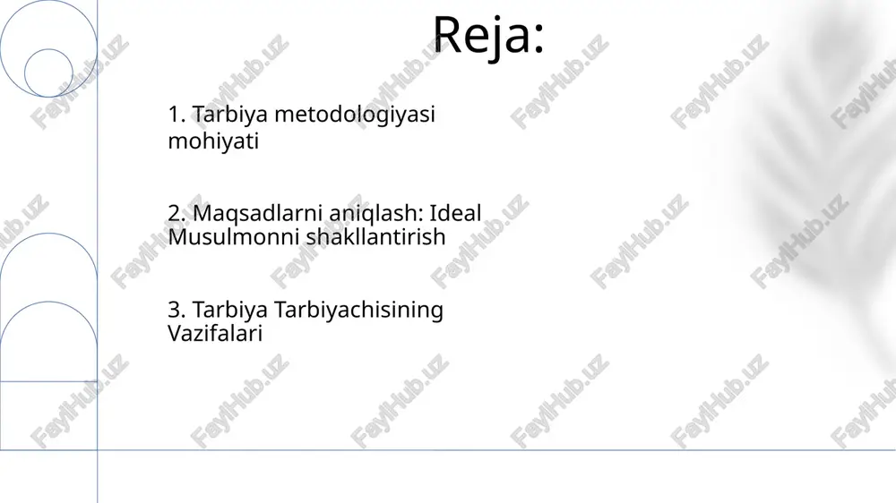 limini o'rgatish, qur'on va sunnani tushunish. xarakter rivojlanishi: islom qadriyatlarini, axloqiy xulqni va ma'naviy o'sishni rivojlantirish. 6. tarbiya metodikalaridagi asosiy vazifalar tarbiya mavzusi: shaxsning ma'naviy, intellektual, jismoniy va ijtimoiy jihatlarini qamrab oluvchi har tomonlama rivojlanishi. tarbiya'da pedagogik yondashuvlar: to'liq taraqqiyotga e'tibor qaratib, islom qadriyatlarini zamonaviy pedagogika bilan birlashtirish. tarbiya metodikasi maqsadlari va vazifalari: samarali o'qitish usullari orqali jamiyat uchun muvozanatli, fazilatli va hissa qo'shadigan a'zo yetiştirib chiqarish. 7. tarbiya'da pedagogik yondashuvlar tarbiya ta'limi mehribon muhit yaratish, islom tamoyillarini amalga oshirish va axloqiy xulqni rivojlantirishni o'z ichiga oladi. tarbiya - bu axloqiy, ruhiy va intellektual mukammallikka erishishga qaratilgan keng qamrovli shaxsni rivojlantirish. ushbu dastur to'g'ri insonni tarbiyalash uchun islom qadriyatlari, bilimlari va ko'nikmalarini singdirishga intiladi. 8. tarbiya ta'rifi va ta'limdagi ahamiyati tarbiya metodologiyasining maqsadlari axloqiy jihatdan to'g'ri, intellektual jihatdan sog'lom va ijtimoiy javobgar shaxslarni tarbiyalashga qaratilgan. tarbiya metodologiyasi islom qadriyatlariga muvofiq shaxsning xarakterini, bilimini va ko'nikmalarini rivojlantirishga qaratilgan. tarbiya metodikasi islom …