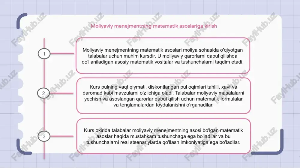 tda matematik asoslarni qo'llash matematik asoslar moliyaviy boshqaruvda hal qiluvchi rol o'ynaydi. ular murakkab moliyaviy muammolarni tahlil qilish va hal qilish uchun vositalar va usullarni taqdim etadi. moliyaviy menejmentda matematik asoslarning qo'llanilishi portfelni optimallashtirish bo'lib, unda daromadlarni maksimal darajada oshirish va xavfni minimallashtirish uchun aktivlarning optimal taqsimlanishini aniqlash uchun matematik modellar qo'llaniladi. boshqa dastur moliyaviy prognozlashda bo'lib, bu erda vaqt seriyalari tahlili va regressiya tahlili kabi matematik usullar kelajakdagi moliyaviy tendentsiyalarni bashorat qilish va asosli qarorlar qabul qilish uchun ishlatiladi. moliyaviy qarorlar qabul qilishda matematik modellar moliyaviy menejmentning matematik asoslari moliyaviy qarorlarni qabul qilishda matematik modellardan foydalanishni o'z ichiga oladi. ushbu modellar murakkab moliyaviy ma'lumotlarni tushunish va tahlil qilishda yordam beradi. matematik modellar turli matematik usullar va formulalardan foydalangan holda moliyaviy qarorlar qabul qilishda tizimli yondashuvni ta'minlaydi. ular aktivlar narxini belgilash, risklarni boshqarish, portfelni optimallashtirish va moliyaviy prognozlash bilan bog'liq muammolarni hal qilishda yordam beradi. risklarni boshqarish va matematik yondashuvlar …