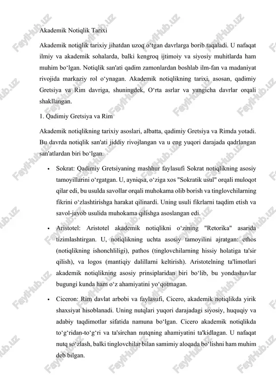 n. 2. o‘rta asrlar o‘rta asrlar davomida akademik notiqlikning o‘rni o‘zgarib, u diniy va ilmiy an'analar bilan chambarchas bog‘landi. xristian cherkovining ta'siri ostida notiqlik ko‘pincha diniy ma'ruzalar va ilohiyot sohasida ishlatilgan. · ilohiyotchilar: o‘rta asrlar va uyg‘onish davrida, ko‘plab notiqliklar diniy mavzularga bag‘ishlangan bo‘lib, ularning asosiy maqsadi cherkov va diniy ta'limotlarni targ‘ib qilish edi. shu bilan birga, bu davrda ilmiy tafakkur ham rivojlanib bordi, va notiqlikni ilmiy nazariyalar asosida qurish tendensiyasi yuzaga keldi. · fransiskan va dominikan ordenlari: o‘rta asrlar davomida diniy ordenlar o‘z ta'limotlarini va ilmiy izlanishlarini jamoatchilikka etkazish uchun notiqlikni keng qo‘llagan. ushbu davrda, notiqlik asosan, diniy ma'ruzalar va ta'limotlarni targ‘ib qilishda ishlatilgan. 3. yangi davr: uyg‘onish davri va renessans yangi davrda, ayniqsa, uyg‘onish davri va renessans davrida akademik notiqlik yana kengroq rivojlandi. bu davrda notiqlik san'ati faqat diniy sohada emas, balki ilm-fan va san'atda ham mustahkam o‘rin egalladi. · machiavelli va boshqa renessans faylasuflari: renessans davrida machiavelli …