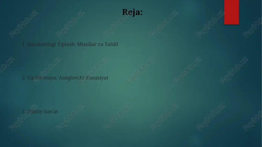 larni aniq qahramonlar va vaziyatlar orqali aks ettiruvchi adabiy usul. ijtimoiy kontekst va tiplashtirish adabiyotdagi tiplashtirish ijtimoiy muammolar va inson tajribalarini o'rganishda qo'llanilishi mumkin. adabiy san'at o'quvchilarga ta'sir qiladigan obrazlar va vaziyatlarni yaratish uchun tiplashtirishdan foydalanadi. tipifikatsiya: adabiy vosita tiplashning misollari sifatida "qahramon", "yomon odam" yoki "qutqarishga muhtoj ayol"ni keltirish mumkin. tipifikatsiya umumiy tur yoki toifani ifodalovchi personajlar, vaziyatlar yoki muhitlarni yaratishni anglatadi. e'tiboringiz uchun rahmat @taqdimot_robot image6.jpg image7.jpg image8.jpg image9.jpg image10.jpg image11.jpg image12.jpg image13.jpg image14.jpg image2.png image3.png image4.png image5.png