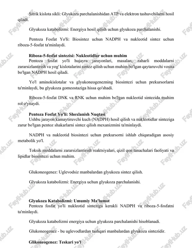 jayra jarayonlari, masalan, zaharli moddalarni zararsizlantirish va yog' kislotalarini sintez qilish uchun muhim bo'lgan qaytaruvchi vosita bo'lgan nadph hosil qiladi. yo'l aminokislotalar va glyukoneogenezning biosintezi uchun prekursorlarni ta'minlaydi, bu glyukoza gomeostaziga hissa qo'shadi. riboza-5-fosfat dnk va rnk uchun muhim bo'lgan nukleotid sintezida muhim rol o'ynaydi. pentoza fosfat yo'li: shoxlanish nuqtasi ushbu jarayon kamaytiruvchi kuch (nadph) hosil qilish va nukleotidlar sinteziga zarur bo'lgan pentoz shakarlarni sintez qilish mexanizmini ta'minlaydi. nadph va nukleotid biosintezi uchun prekursorni ishlab chiqaradigan asosiy metabolik yo'l. toksik moddalarni zararsizlantirish reaktsiyalari, qizil qon tanachalari faoliyati va lipidlar biosintezi uchun muhim. glukoneogenez: uglevodsiz manbalardan glyukoza sintez qilish. glyukoza katabolizmi: energiya uchun glyukoza parchalanishi. glyukoza katabolizmi: umumiy ma'lumot pentoza fosfat yo'li nukleotid sinteziga kerakli nadph va riboza-5-fosfatni ta'minlaydi. glyukoza katabolizmi energiya uchun glyukoza parchalanishi hisoblanadi. glukoneogenez - bu uglevodlardan tashqari manbalardan glyukoza sintezidir. glikoneogenez: teskari yo'l glyukoza katabolizmi energiya uchun glyukozani parchalasa, glyukoneogenez esa glyukoza zaxiralarini to'ldiradi. pentoza fosfat yo'li …