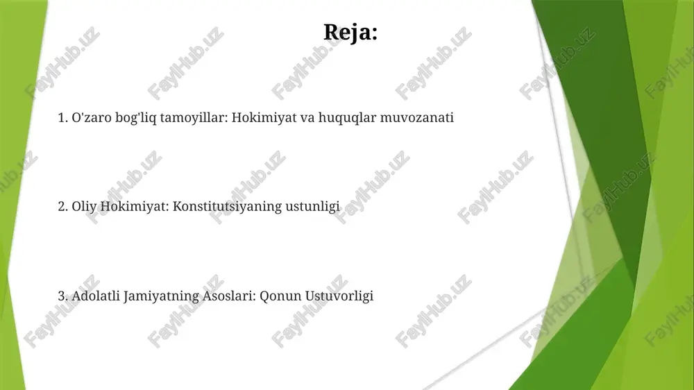 lab qiladi. qonun ustuvorligi barqarorlik, adolat va iqtisodiy taraqqiyotni rivojlantiradi. qonun ustuvorligi: prinsiplar va elementlar qonun ustuvorligi hamma kishiga bir xil qonunlar qo'llanilishini, adolatli va teng ravishda qo'llanilishini ta'minlaydi. shaffoflik, hisobdorlik va hokimiyatni ajratish kabi tamoyillarga urg'u beradi. konstitutsiyaning ustunligi, u mamlakatning eng oliy qonuni ekanligini va boshqa barcha qonunlar uning qoidalari bilan mos kelishi kerakligini anglatadi. qonun ustuvorligi uchun tahdidlar va yechimlar. konstitutsiya ustunligini, mustaqil sud hokimiyatini va jamoatchilik ishonchini ta'minlash. korrupsiya, siyosiy beqarorlik va adolatga kirishning yomonligi shaffoflik, hisobdorlik va fuqaro istirokini rag'batlantirish hokimiyatni ajratish va nazorat-muvozanat tizimi qonun ustuvorligi barcha shaxslar, shu jumladan hokimiyatda bo'lganlar ham qonunga bo'ysunishi kerakligini belgilaydi, konstitutsiya ustuvorligi esa konstitutsiyaning mamlakatning eng yuqori qonuni ekanligini ko'rsatadi. tekshiruv va muvozanat tizimi har bir davlat hokimiyat tarmog'iga boshqa tarmoqlarning kuchini cheklash imkonini beradi va hokimiyat muvozanatini ta'minlaydi. hokimiyatni bo'lish davlat hokimiyatini qonun chiqaruvchi, ijro etuvchi va sud hokimiyati tarmoqlariga bo'lib, biron-bir tarmoqning haddan tashqari kuchli …