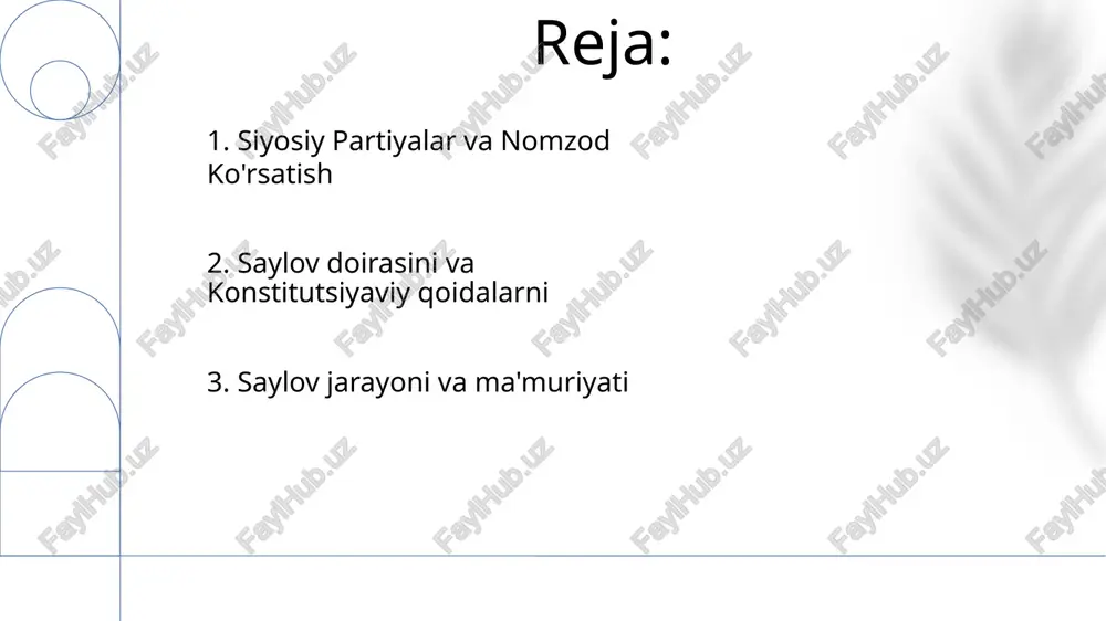 o'zbekiston tizimining kuchli va zaif tomonlarini tahlil qilish, potentsial yaxshilanishlarni va islohotlar sohalarini o'rganishga qaratilgan. boshqa mamlakatlardagi tizimlar bilan solishtiriladi, saylovchilarning ishtirok etish darajasi, nomzodlarni tanlash va saylovlarning to'g'riligi kabi jihatlarni o'rganiladi. 9. saylov qonunlari va qoidalari o'zbekistonning saylov tizimi aralash proportsional vakillik tizimiga asoslangan bo'lib, u ko'pchilik va proportsional elementlarni birlashtiradi. mamlakatda oliy majlis deb ataladigan bir palatali qonun chiqaruvchi organ bor, uning 150 a'zosi ko'pchilik va proporsional vakillik orqali saylanadi. 10. saylov tizimining tarixiy evolyutsiyasi qadimiy konsensus va saylov tizimlaridan tortib zamonaviy vakillik demokratiyalariga qadar saylov tizimlari vaqt o'tishi bilan rivojlanib, jamiyatdagi o'zgarishlarni va texnologiyalar taraqqiyotini aks ettiradi. o'zbekiston hozirda proporsional vakillik va ko'pchilik ovoz berish elementlarini o'z ichiga olgan aralash saylov tizimidan foydalanadi, bu mamlakatning davom etayotgan demokratik o'tishini aks ettiradi. 11.saylovga ro'yxatdan o'tish va huquq. saylov tizimi proporsional vakillik tizimidan foydalanadi. saylovchilar mahalliy saylov komissiyasida ro'yxatdan o'tishlari kerak. 12.asosiy xususiyatlar va qiyinchiliklar parlament uchun proporsional vakillik …