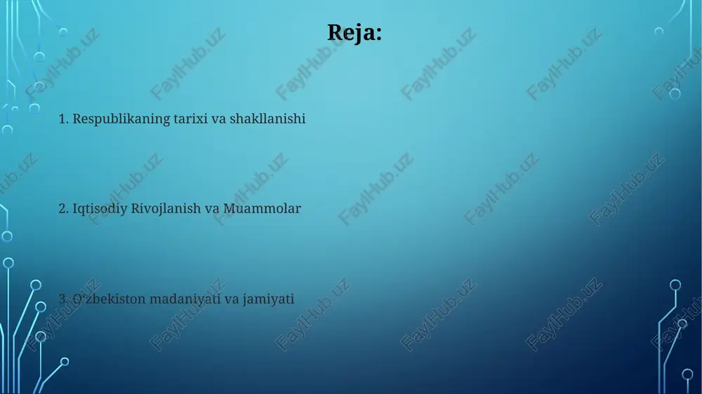 mdor vodiylaridan tortib cho'lga qadar turli xil geografik xususiyatlarga ega. til va din o'zbek tili rasmiy til, rus tili esa keng tarqalgan. dini erkinlik konstitutsiyada kafolatlangan, lekin islomiy bo'lmagan din amallariga cheklovlar mavjud. madaniyat va merosi boy qadimgi shaharlar - samarqand va buxoro bilan boy ipak yo'li merosi. san'at, musiqa va raqsda jonli an'analar, fors va turkiy ta'sirlarini aks ettiradi. odamlar va demografiya aholisi: 35 milliondan ortiq kishi millatlar: oʻzbeklar (80%), ruslar (5%), tojiklar (4%), qozogʻlar (3%) san'at va adabiyot oʻzbekiston boy san'at an'analari, jumladan, murakkab me'morchilik, rang-barang toʻqimachilik va hayratlanarli musiqa bilan maqtanishi mumkin. oʻzbekiston adabiyoti qadimgi dostonlar, xalq ertaklari va millat ruhiyatini aks ettiruvchi zamonaviy asarlar bilan boy. hukumat va siyosat o‘zbekiston prezident boshchiligidagi respublikadır. o'zbekistonning bir palatali qonunchilik organi oliy majlis deb ataladi. qiyinchiliklar va imkoniyatlar imkoniyatlar: boy tabiiy boyliklar, savdo uchun strategik joylashuv, rivojlanayotgan turizm sohasi. qiyinchiliklar: yuqori qashshoqlik darajasi, sifatli tibbiy xizmat va ta'limga cheklangan …
